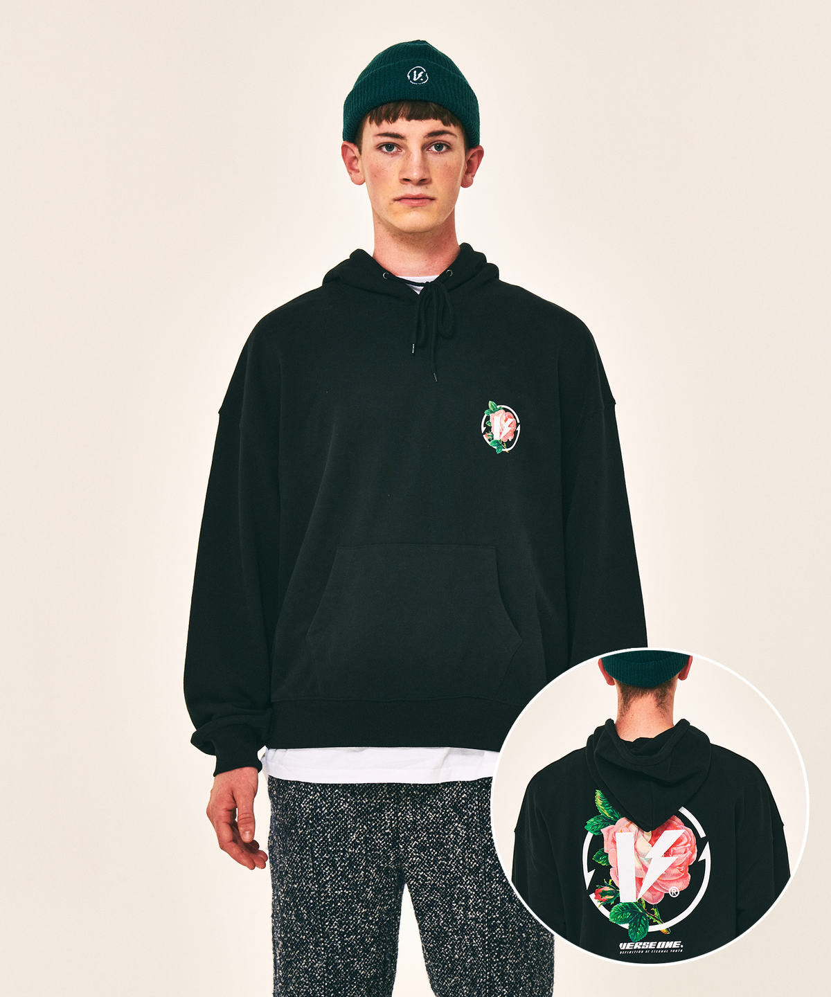 벌스원(VERSE ONE) FLOWER SYMBOL LOGO PULLOVER HOODIE BLACK