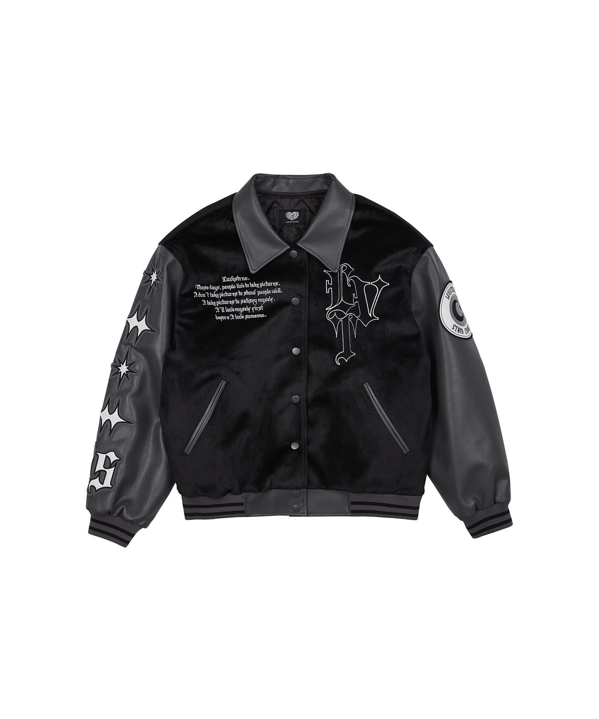 러브이즈트루(LUVISTRUE) MZ LVT VARSITY JACKET(CHARCOAL)