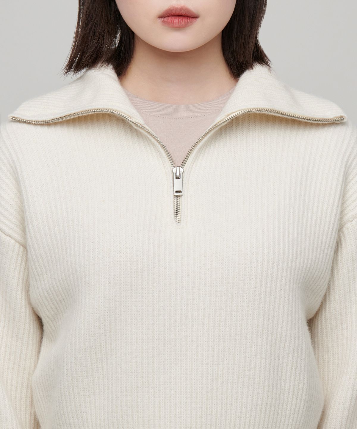무신사 스탠다드 우먼(MUSINSA STANDARD WOMAN) 우먼즈 램스울 리브드 니트 하프 집업 [아이보리]