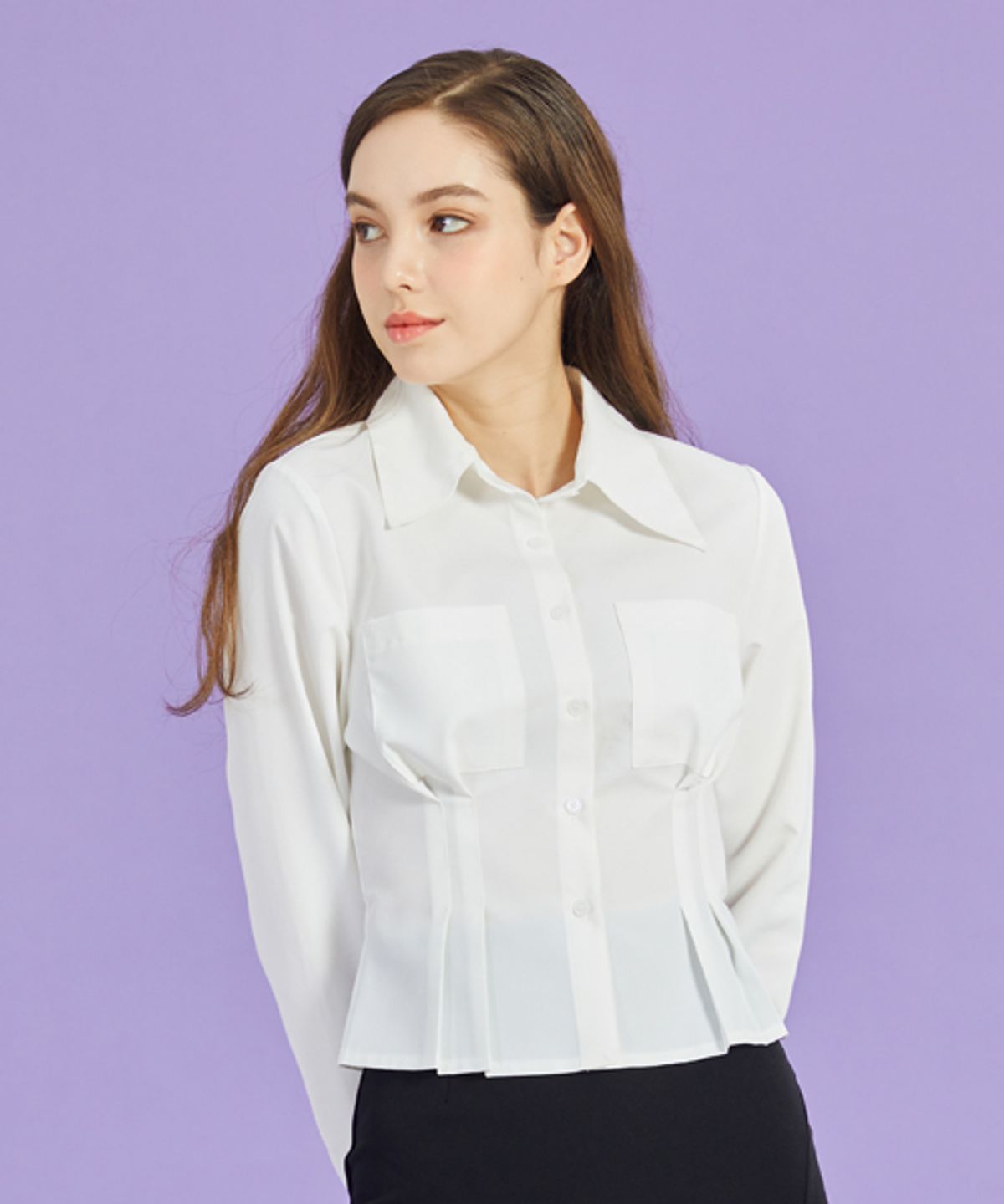 콜릿(KOLEAT) WOMEN 미디 크롭 슬림 긴팔 셔츠 [WHITE] 크롭티 긴팔티 MD