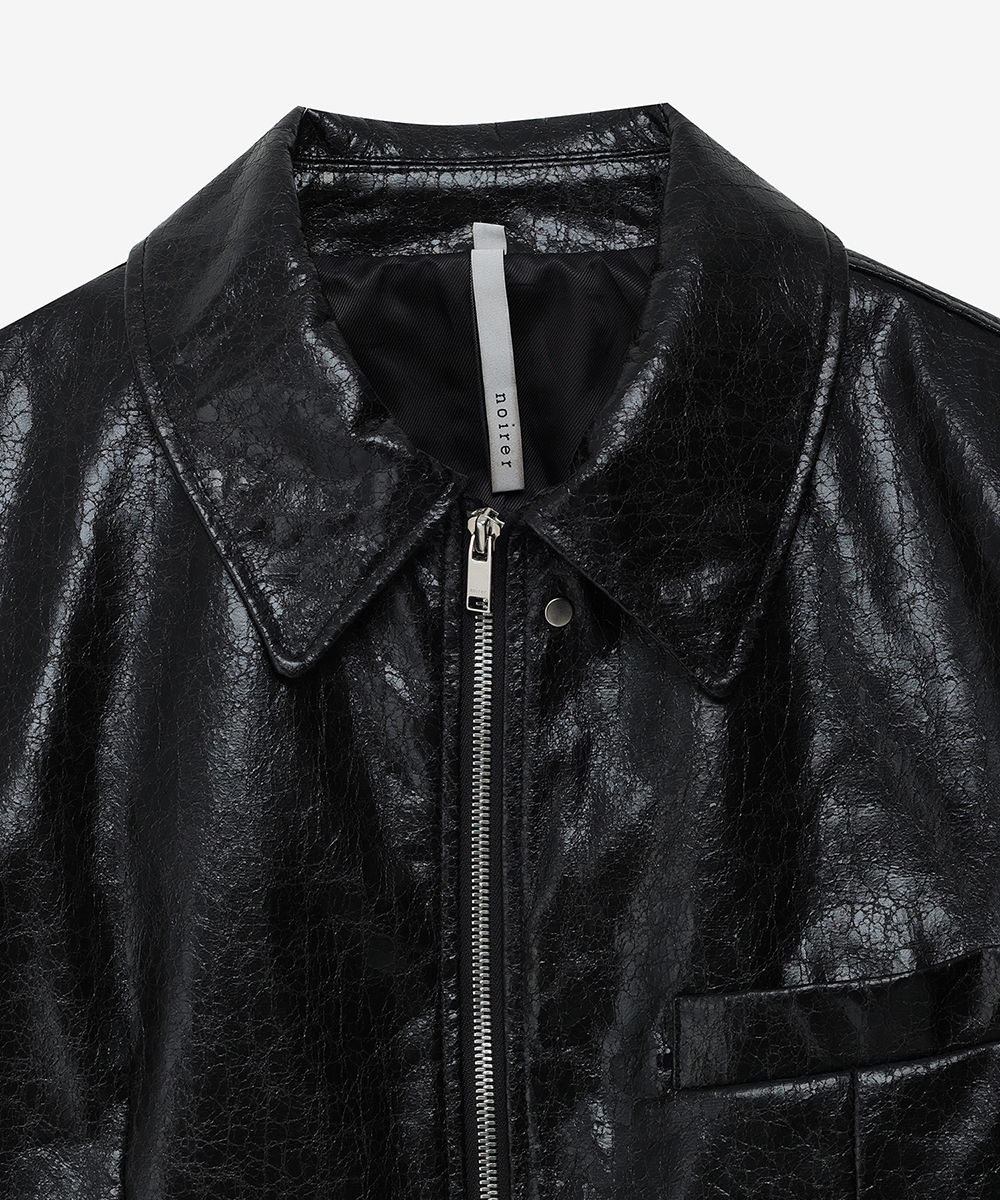 MUSINSA公式 | NOIRER Cracked Skin Cropped Leather Jacket (Black)