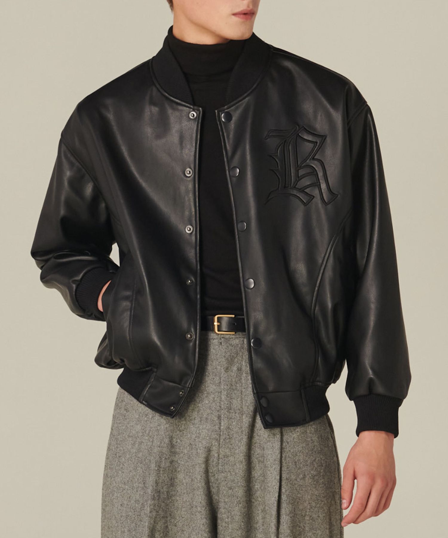 MUSINSA | TAKEASY Buffing Leather Varsity Jacket (Green)