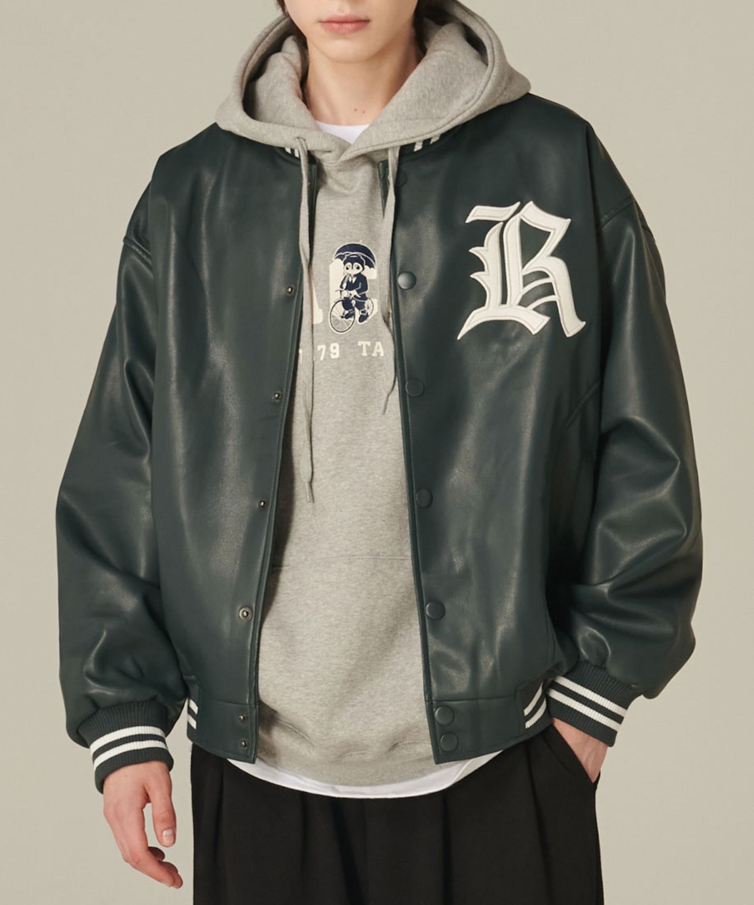 MUSINSA | TAKEASY Buffing Leather Varsity Jacket (Green)