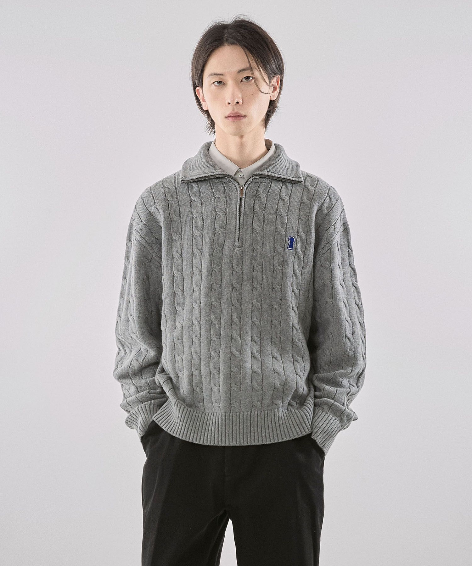 MUSINSA | SECONDMONO Heavyweight Keyhole Cable Half Zip Knit