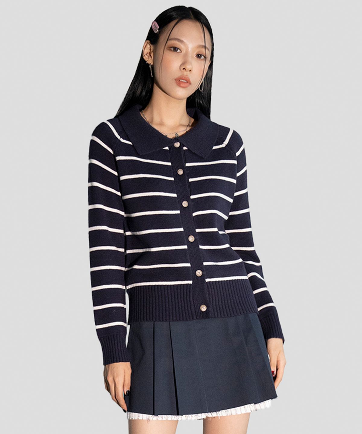 어반드레스(AVANDRESS) Striped Collar Knit Cardigan IVORY