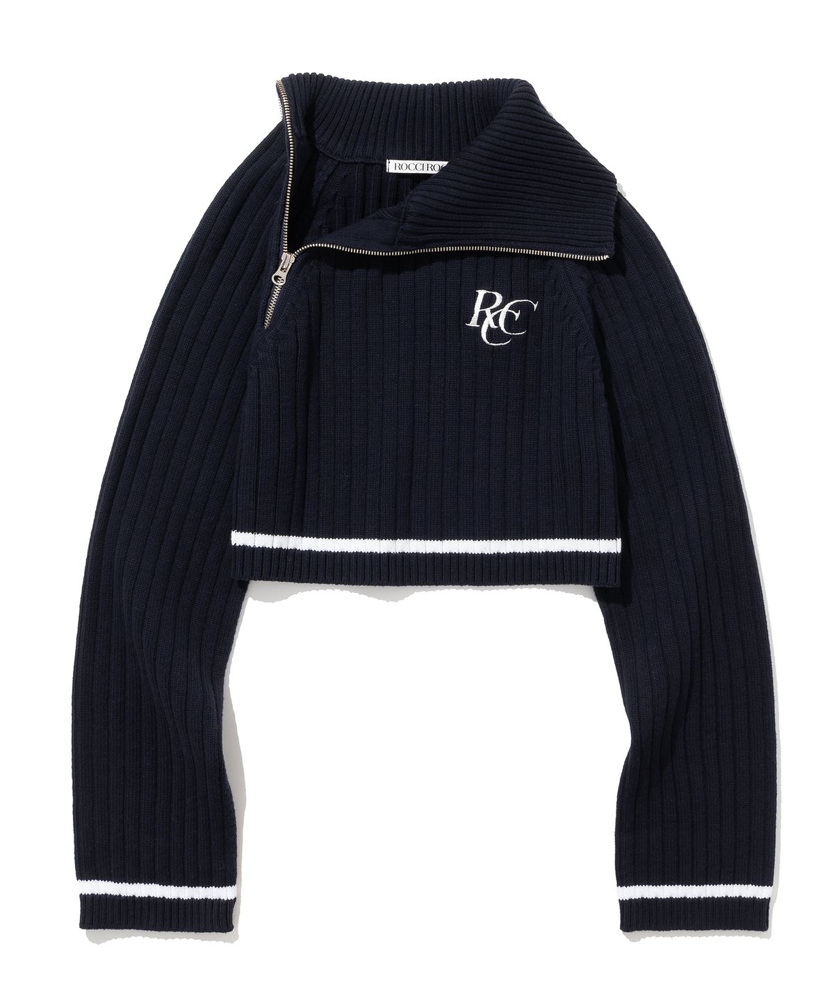 로씨로씨(ROCCI ROCCI) RCC Oblique Line Crop Knit Half Zipup [NAVY]