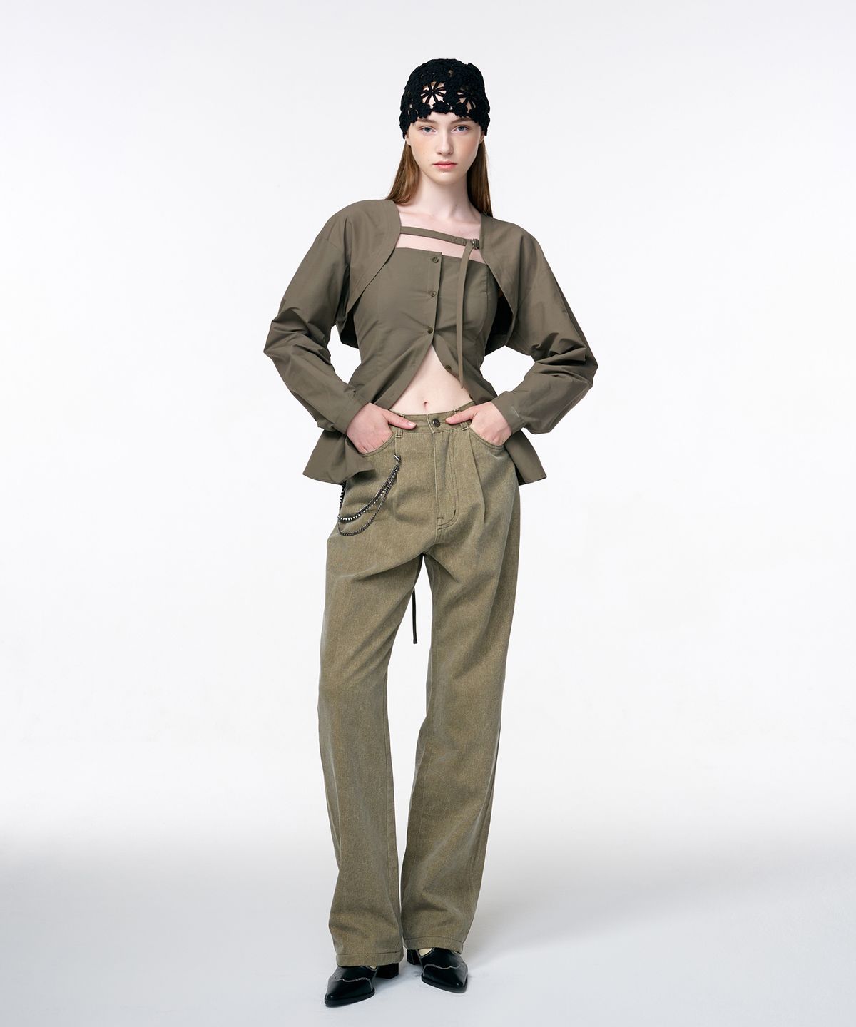 에트몽(ETMON) Pigment Pintuck Denim Pants  Khaki