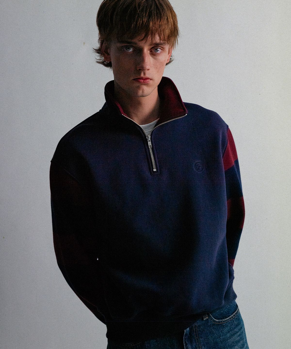 문선(MOONSUN) ESSENTIAL_UNISEX MSS Stripe Half Zip-up Sweatshirt [Wine]