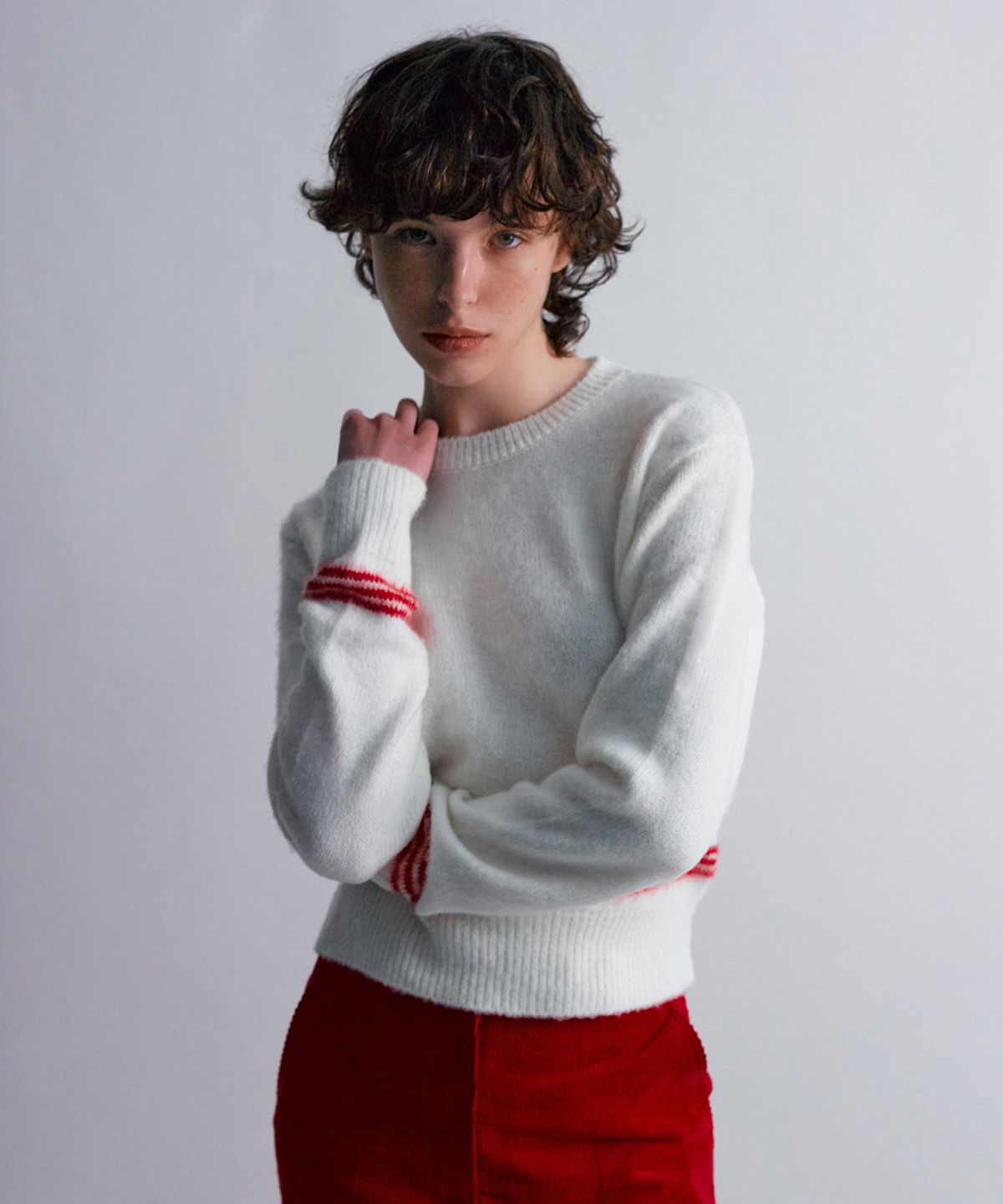 문선(MOONSUN) ESSENTIAL_UNISEX MSS Mohair Blend Stripe Knit [White Red]