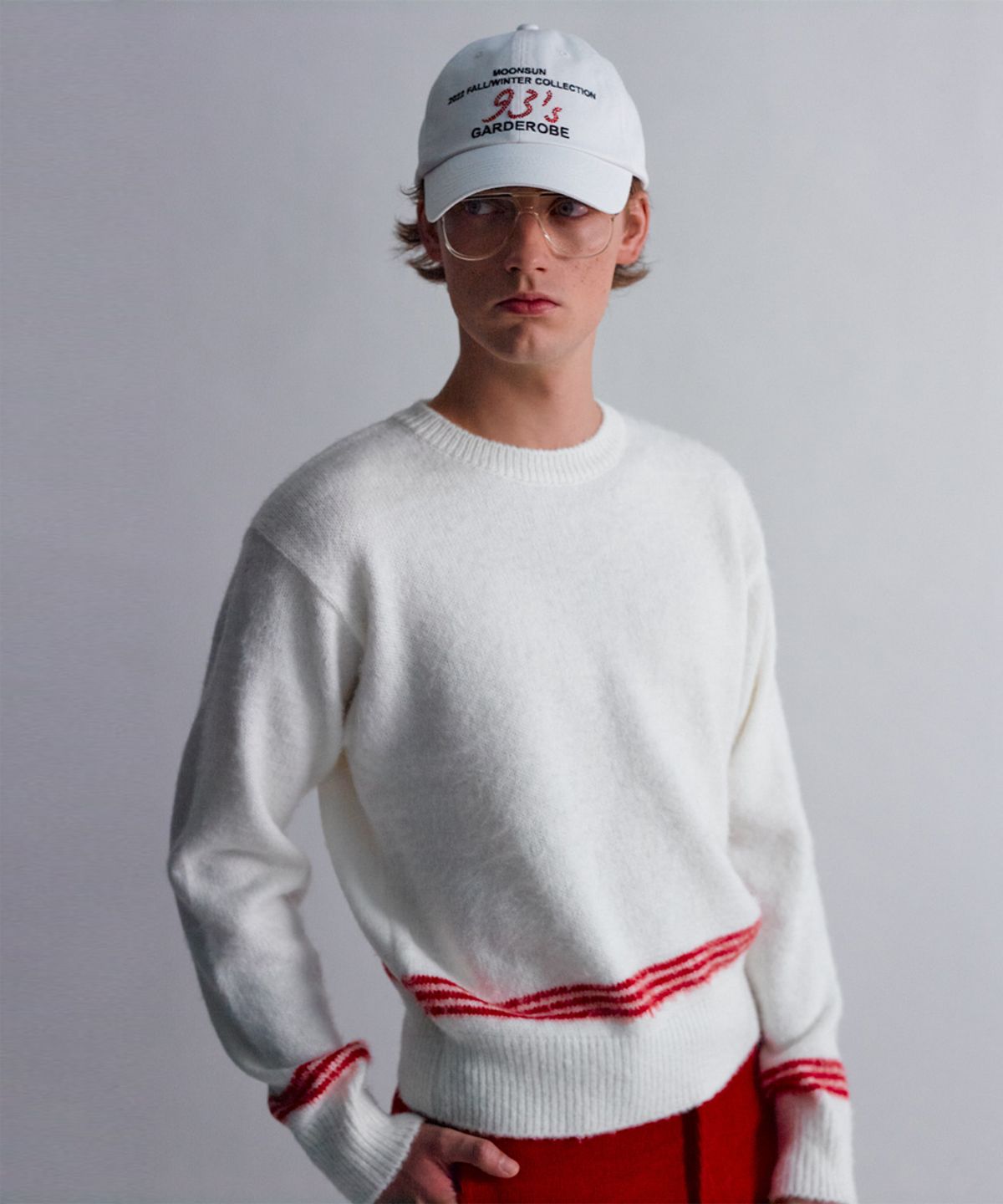 문선(MOONSUN) ESSENTIAL_UNISEX MSS Mohair Blend Stripe Knit [White Red]