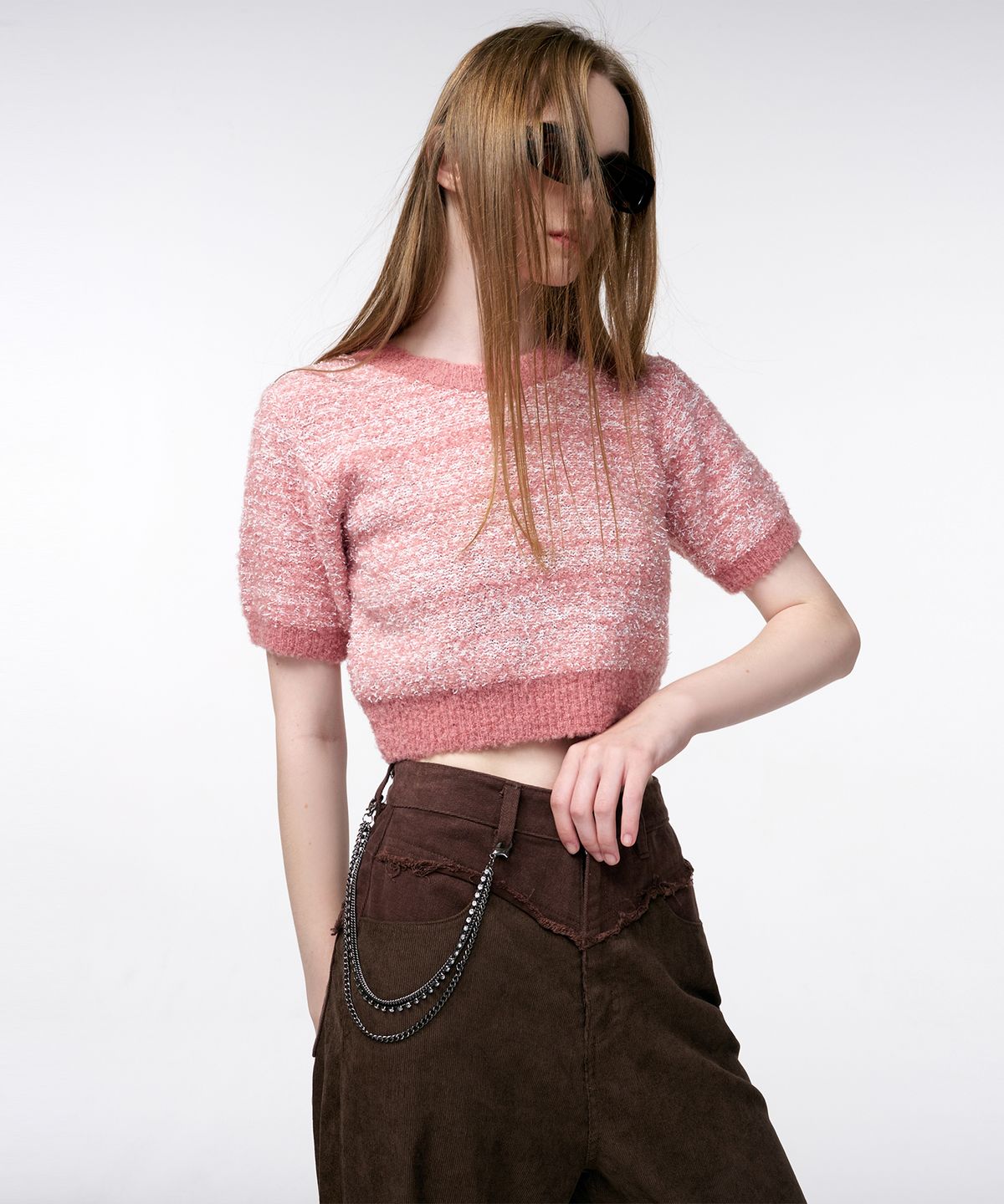 에트몽(ETMON) Color Blend Short Sleeve Knit Top  Coral Pink