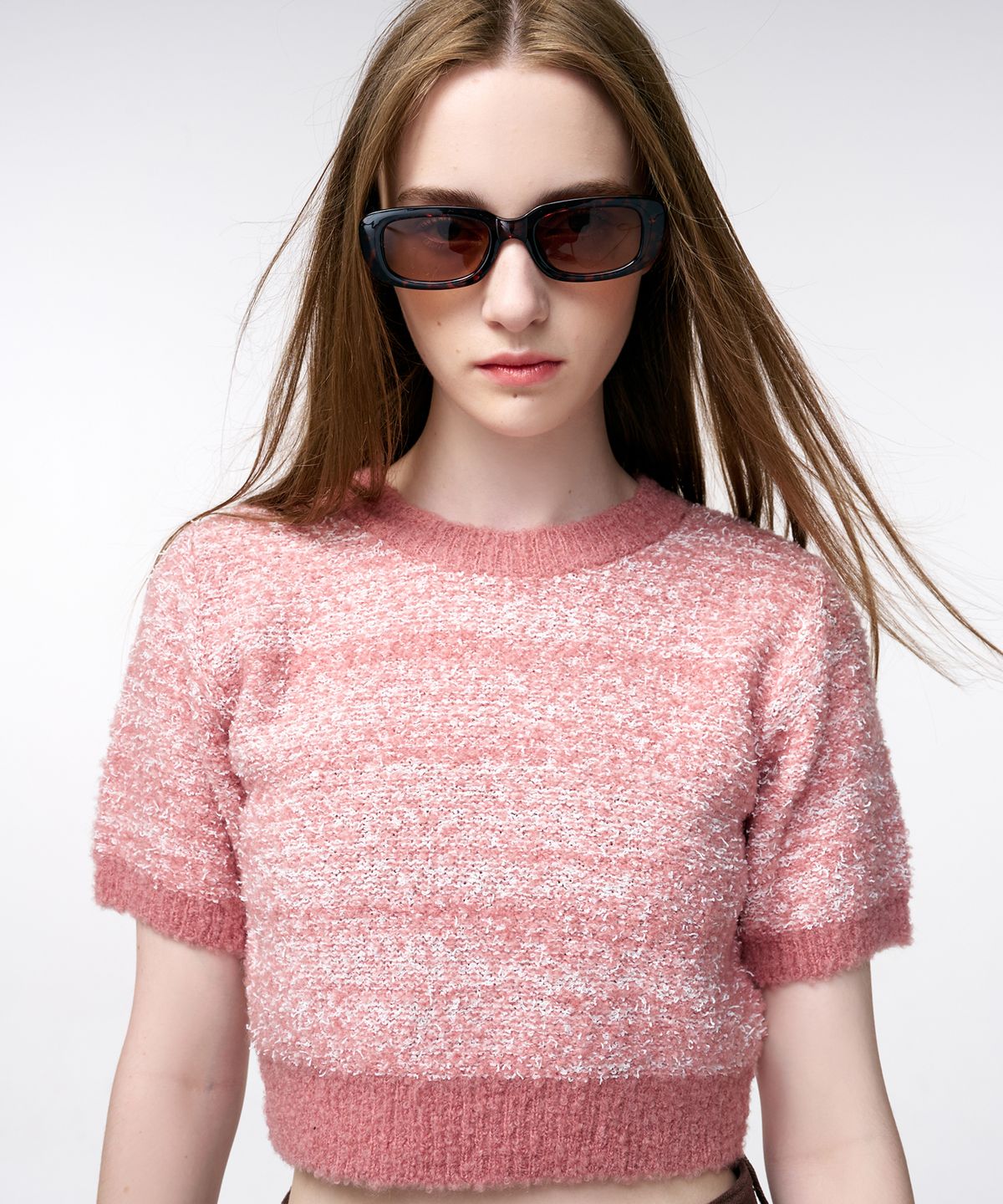 에트몽(ETMON) Color Blend Short Sleeve Knit Top  Coral Pink