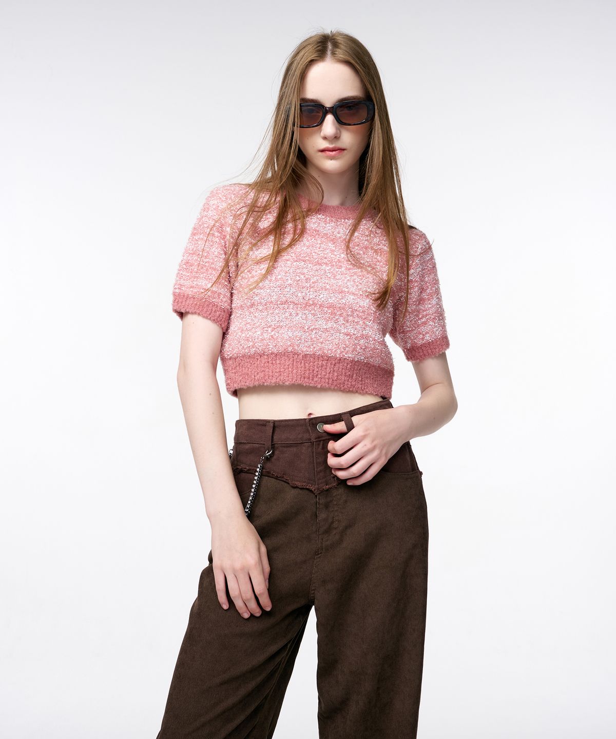 에트몽(ETMON) Color Blend Short Sleeve Knit Top  Coral Pink