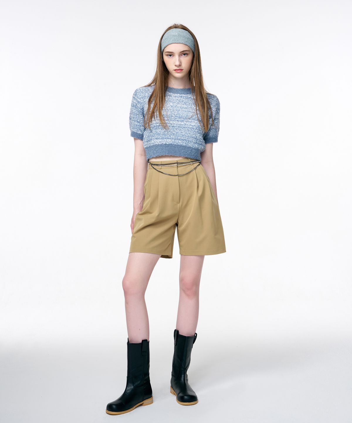 에트몽(ETMON) Color Blend Short Sleeve Knit Top  Greyish Blue