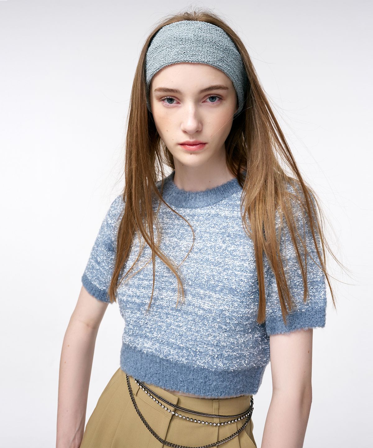 에트몽(ETMON) Color Blend Short Sleeve Knit Top  Greyish Blue