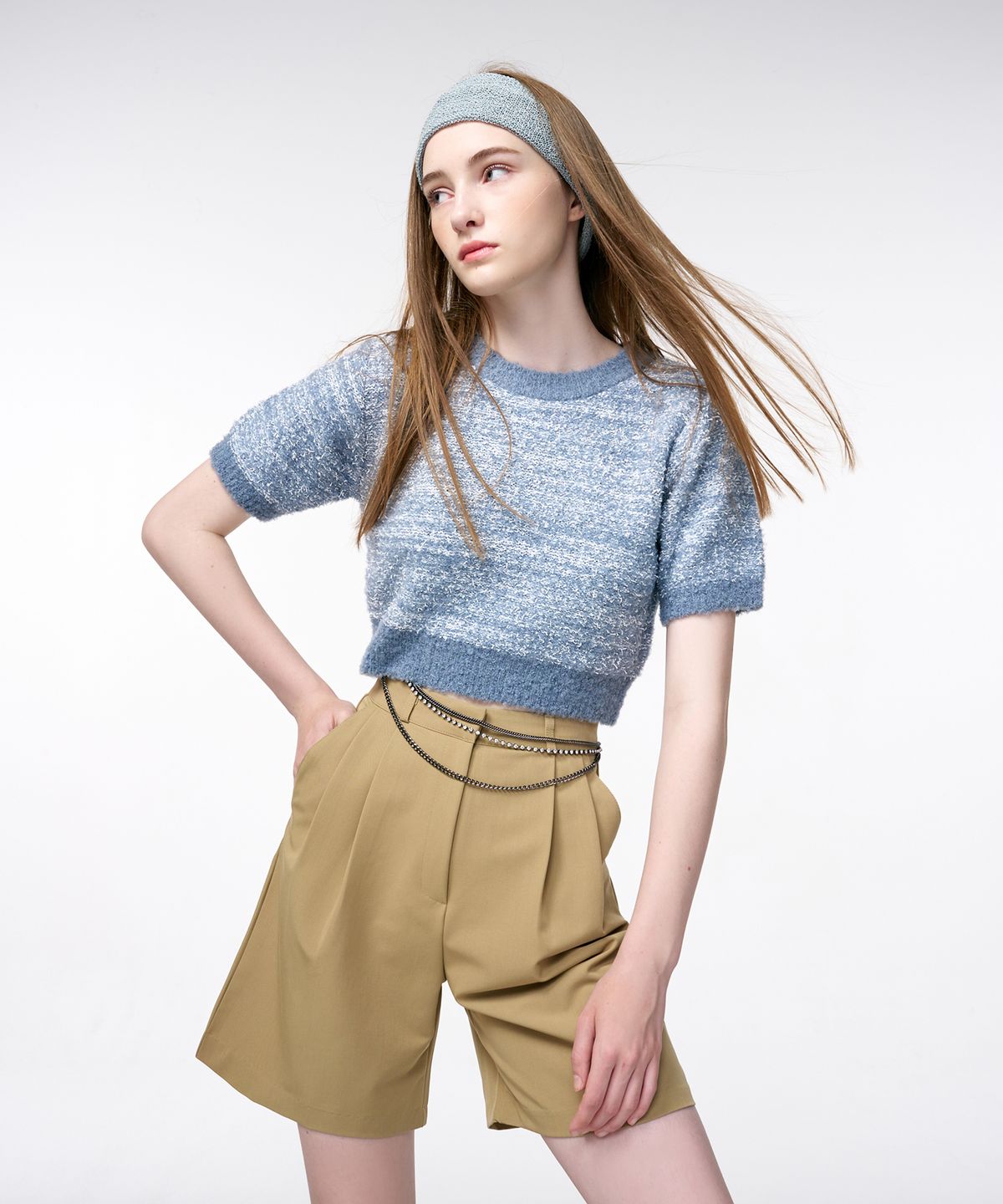 에트몽(ETMON) Color Blend Short Sleeve Knit Top  Greyish Blue