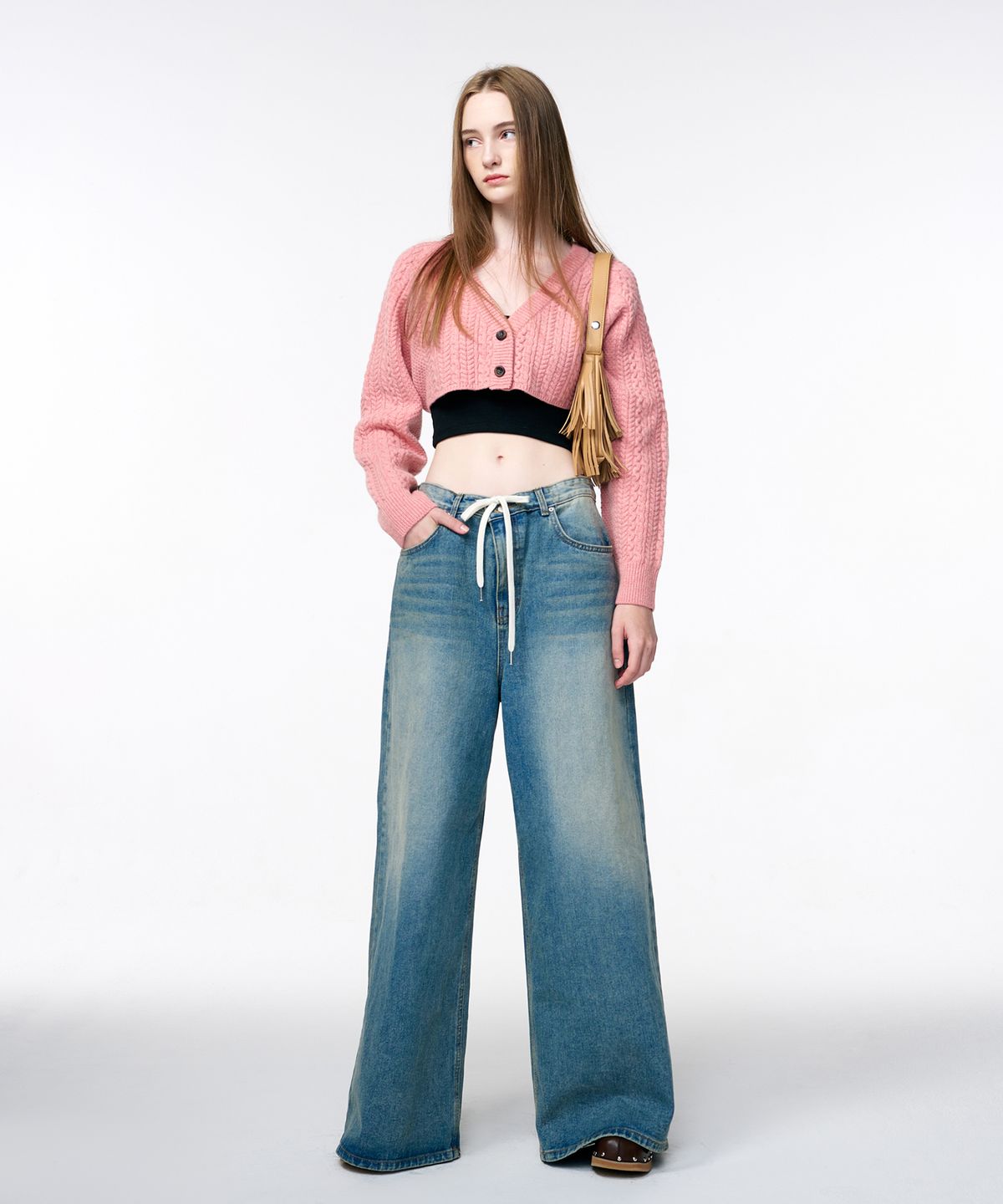 에트몽(ETMON) Cable Crop Knit Cardigan  Pink