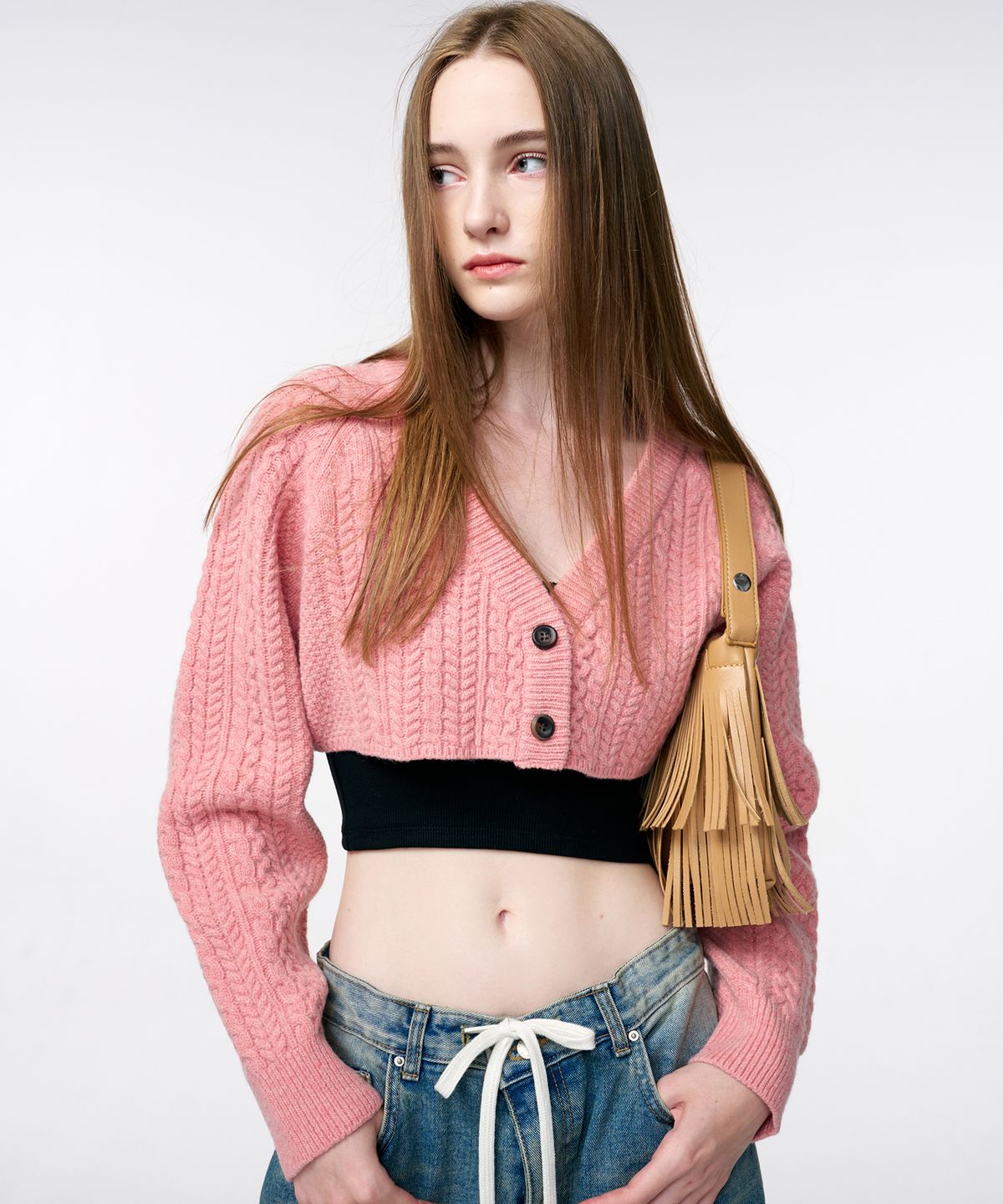 에트몽(ETMON) Cable Crop Knit Cardigan  Pink