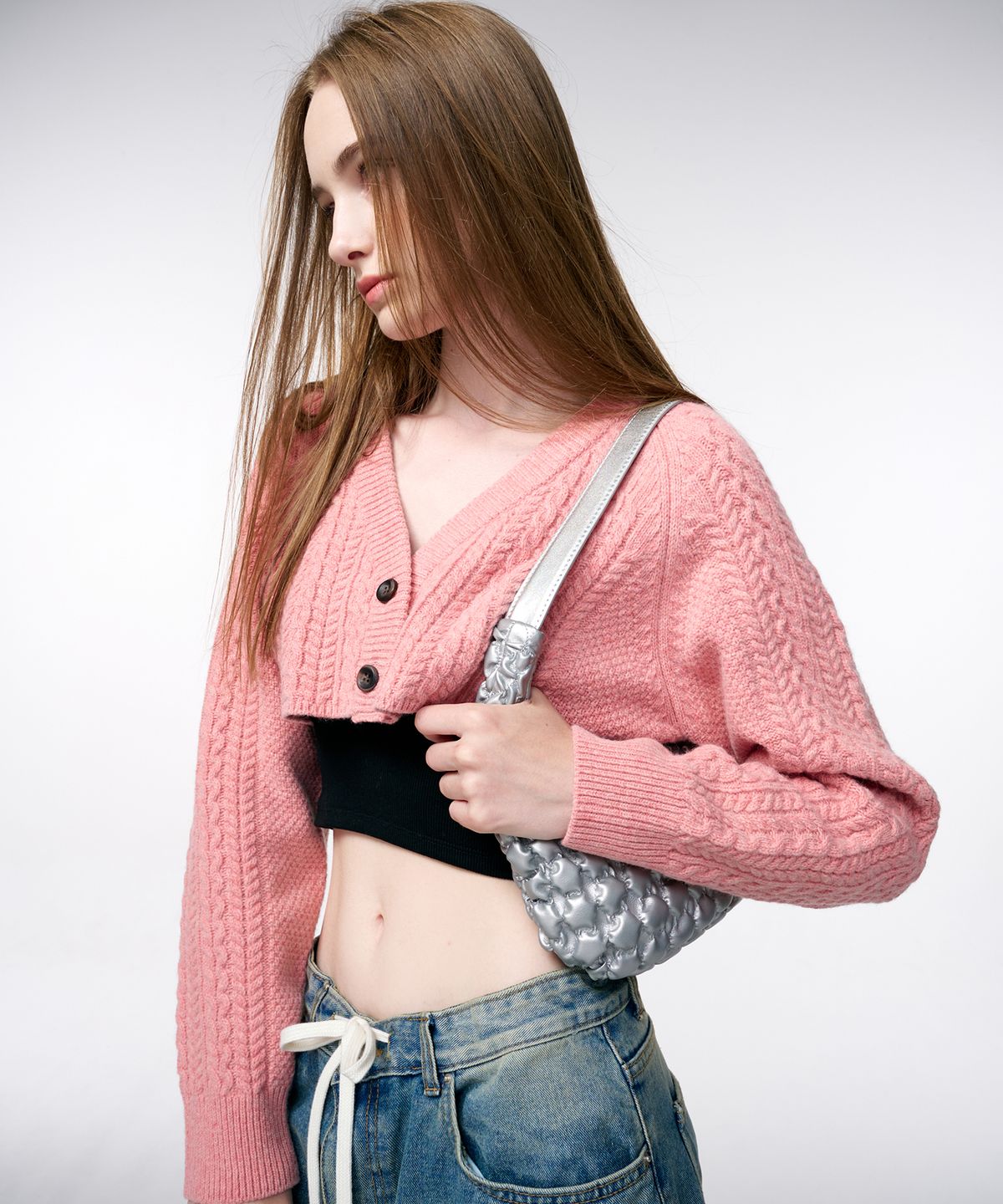 에트몽(ETMON) Cable Crop Knit Cardigan  Pink