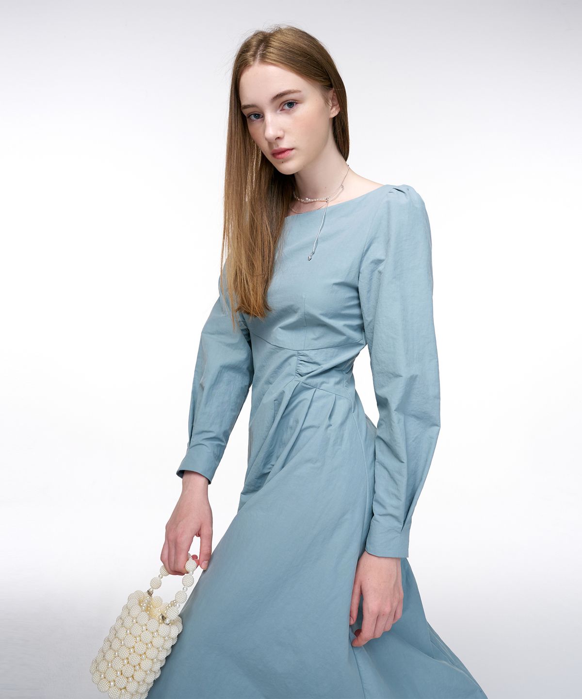 에트몽(ETMON) Unbalance Line Pintuck Dress  Greyish Blue