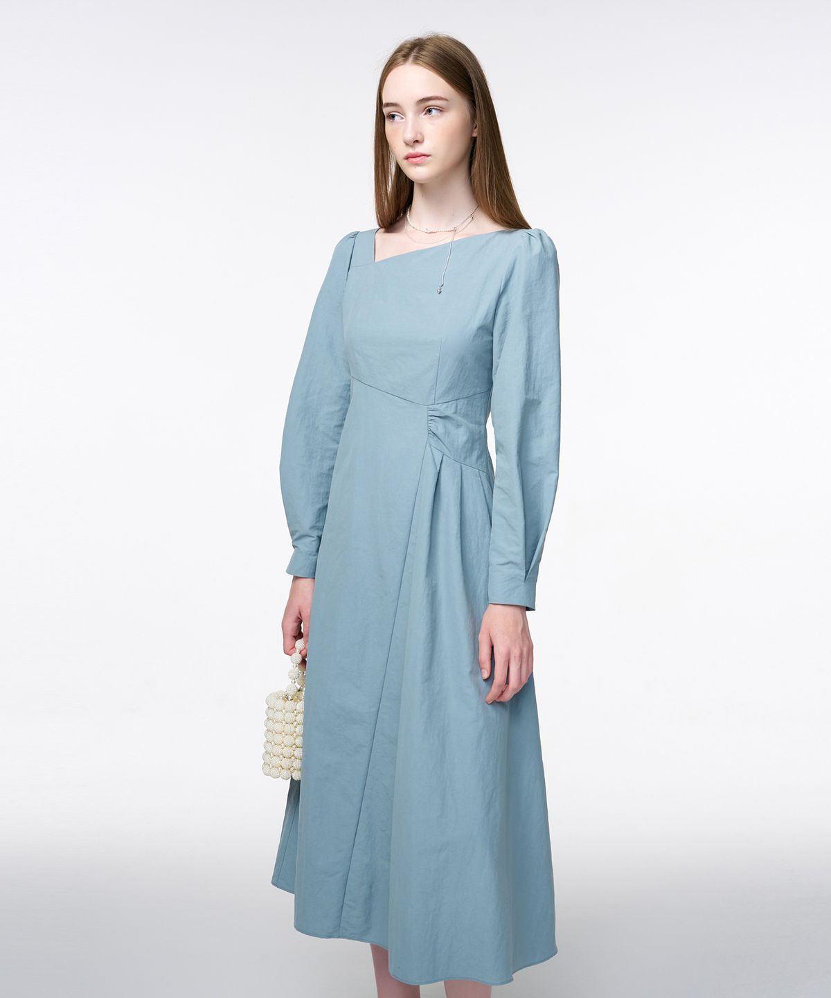 에트몽(ETMON) Unbalance Line Pintuck Dress  Greyish Blue