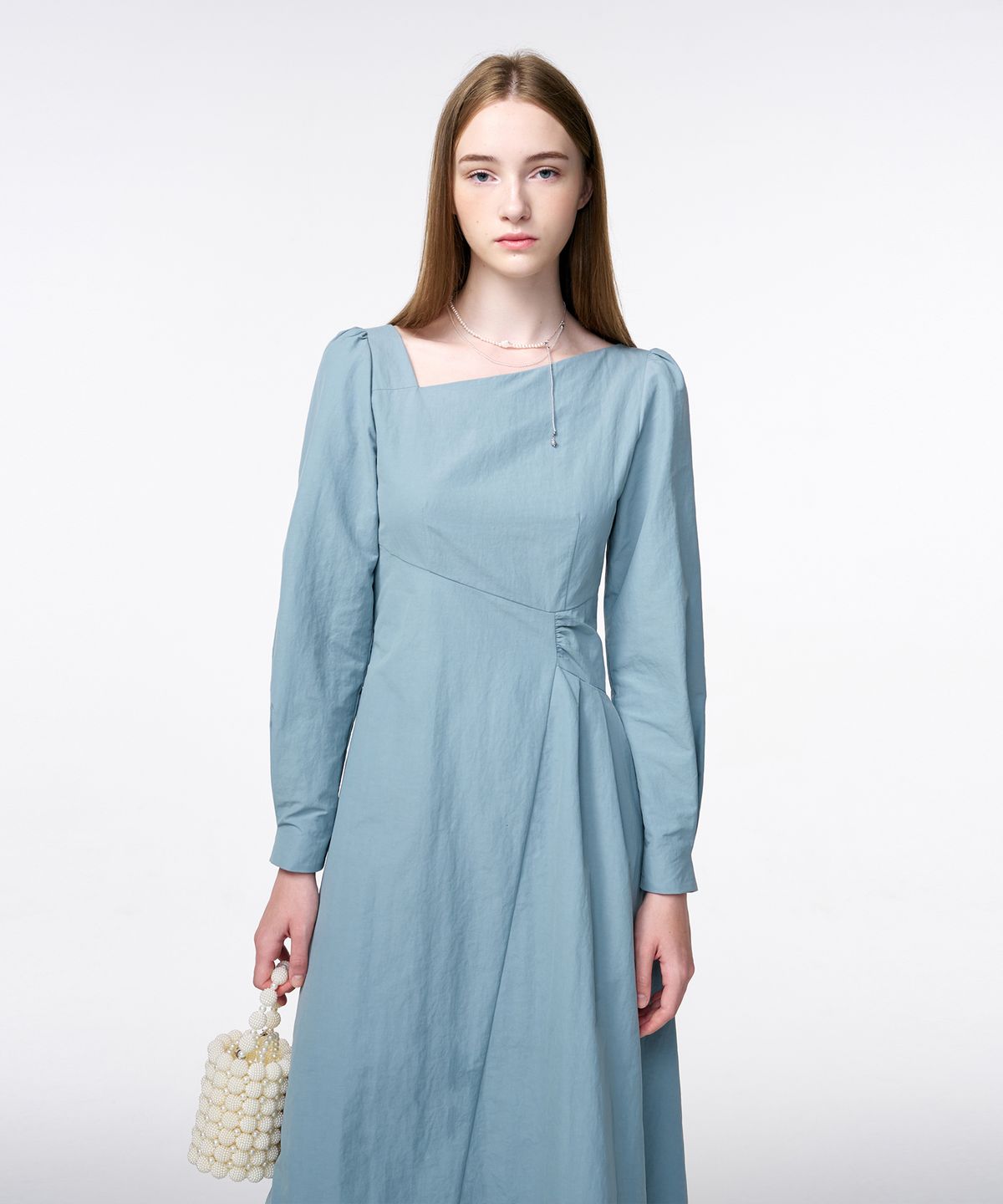 에트몽(ETMON) Unbalance Line Pintuck Dress  Greyish Blue