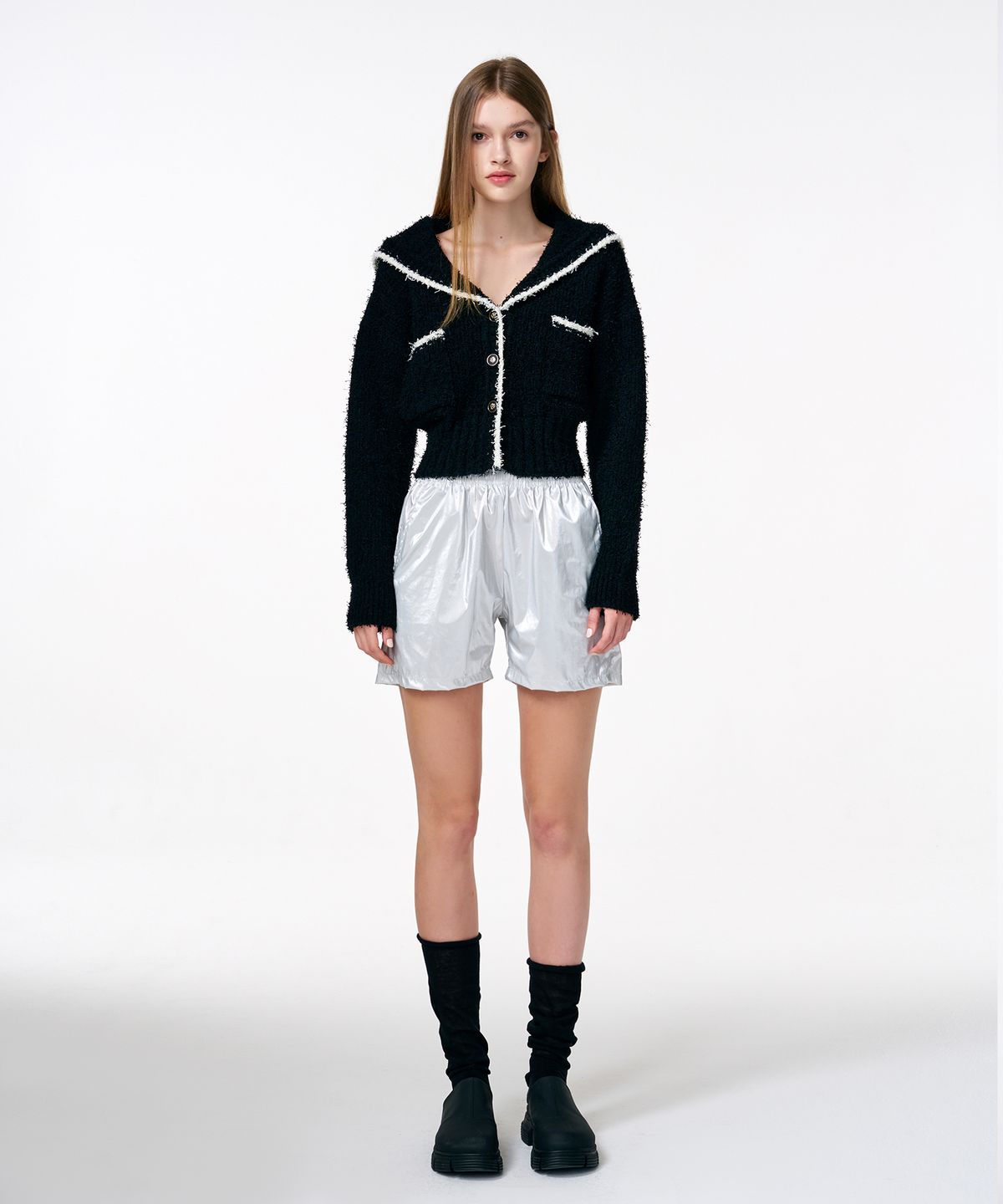 에트몽(ETMON) Shawl Sailor Collar Knit Cardigan  Black