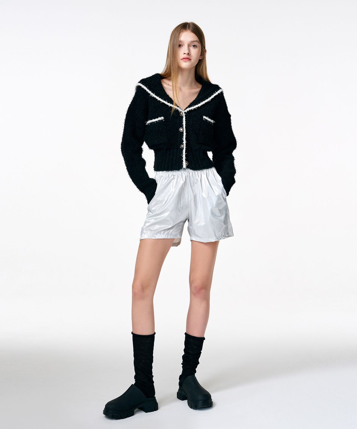 에트몽(ETMON) Shawl Sailor Collar Knit Cardigan  Black