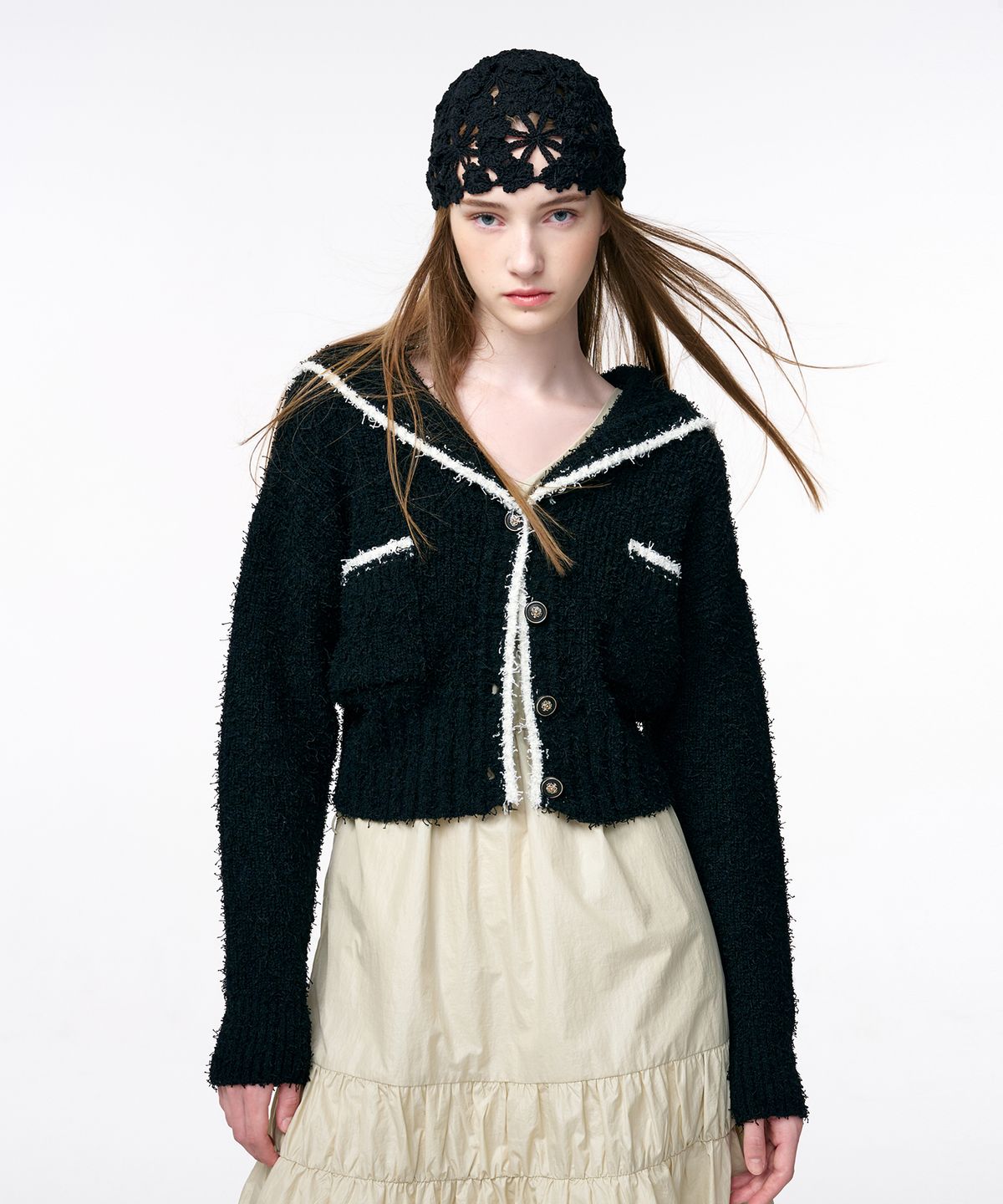 에트몽(ETMON) Shawl Sailor Collar Knit Cardigan  Black