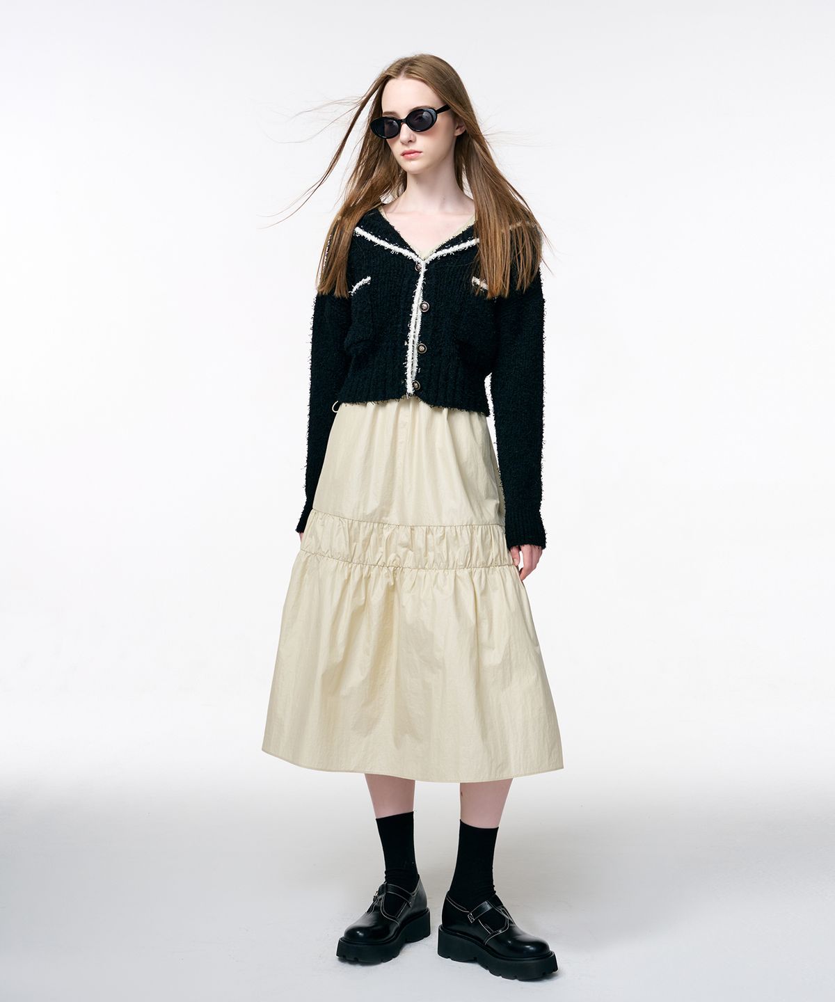 에트몽(ETMON) Shawl Sailor Collar Knit Cardigan  Black
