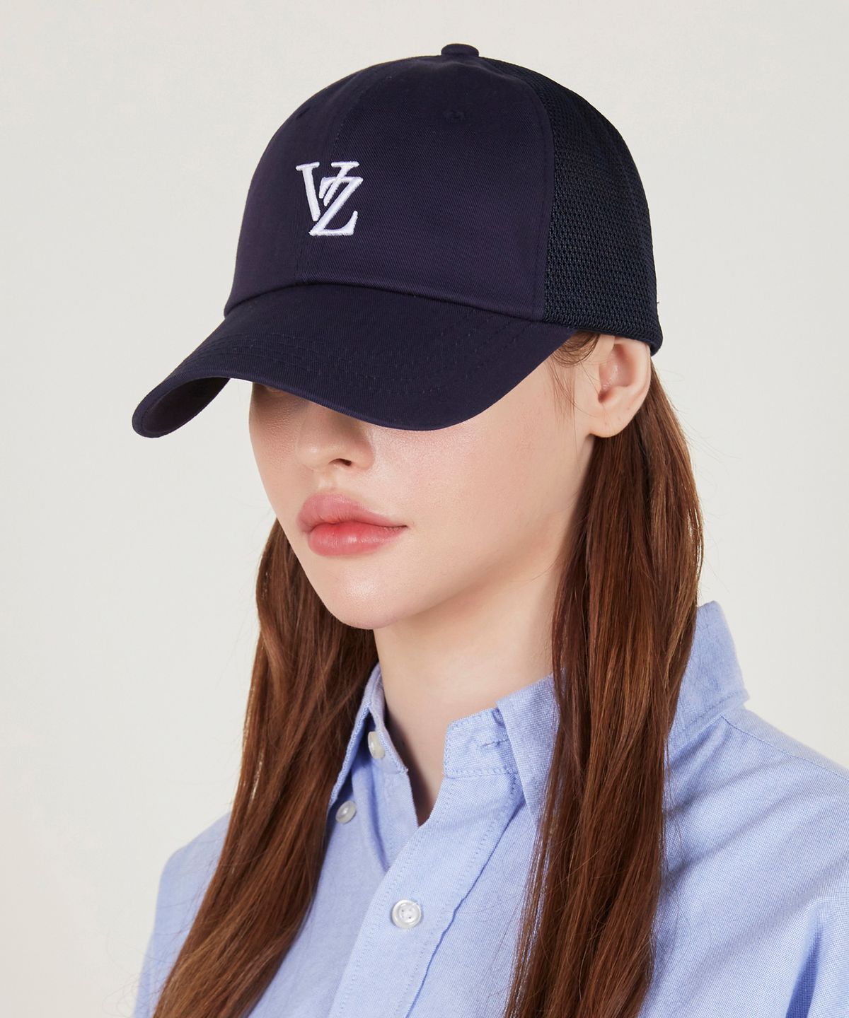 바잘(VARZAR) 3D 모노그램 사이드 매쉬 오버핏 볼캡 네이비