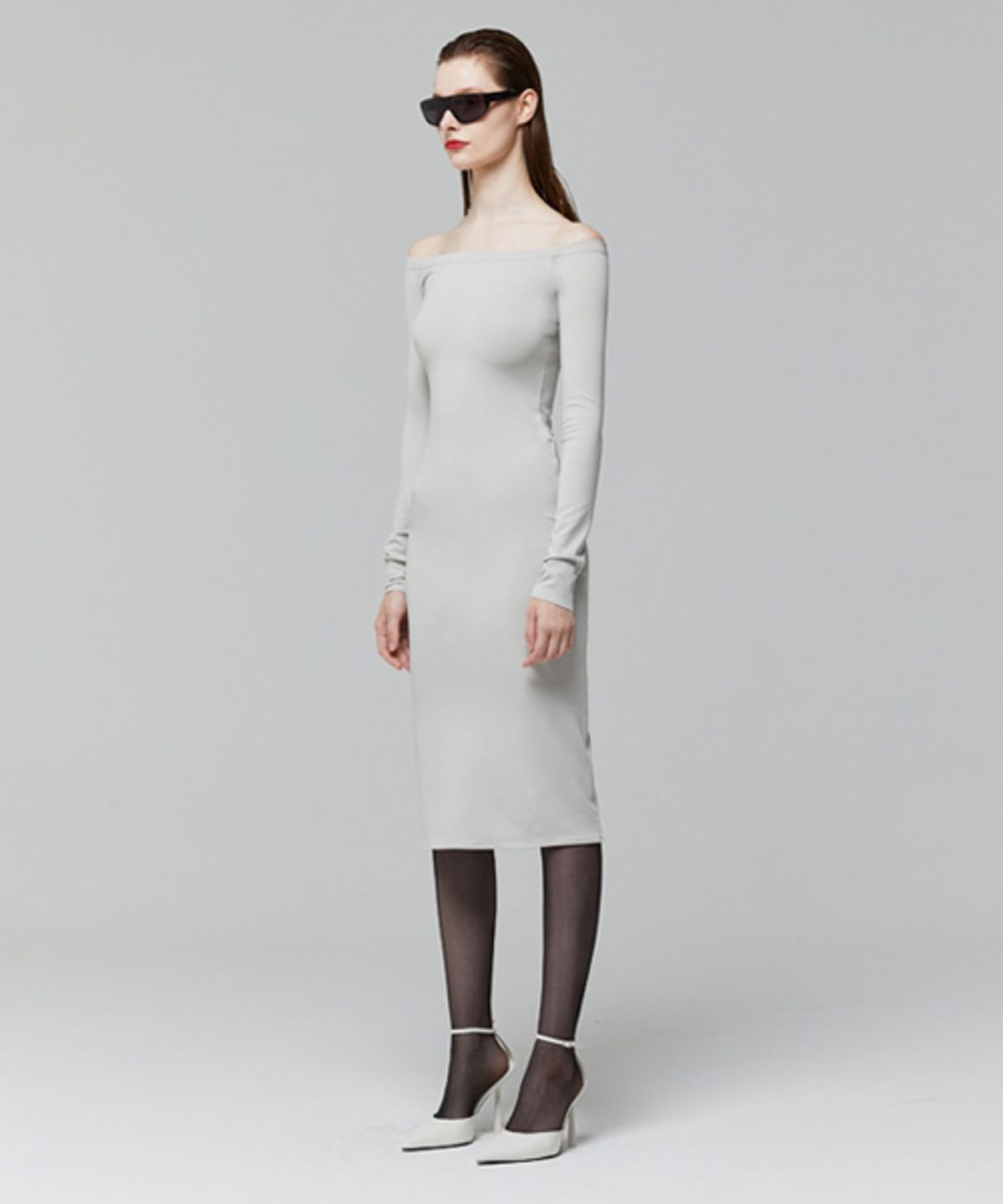 레이디 볼륨(LADY VOLUME) OFF SHOULDER LINE DRESS_LIGHT GREY
