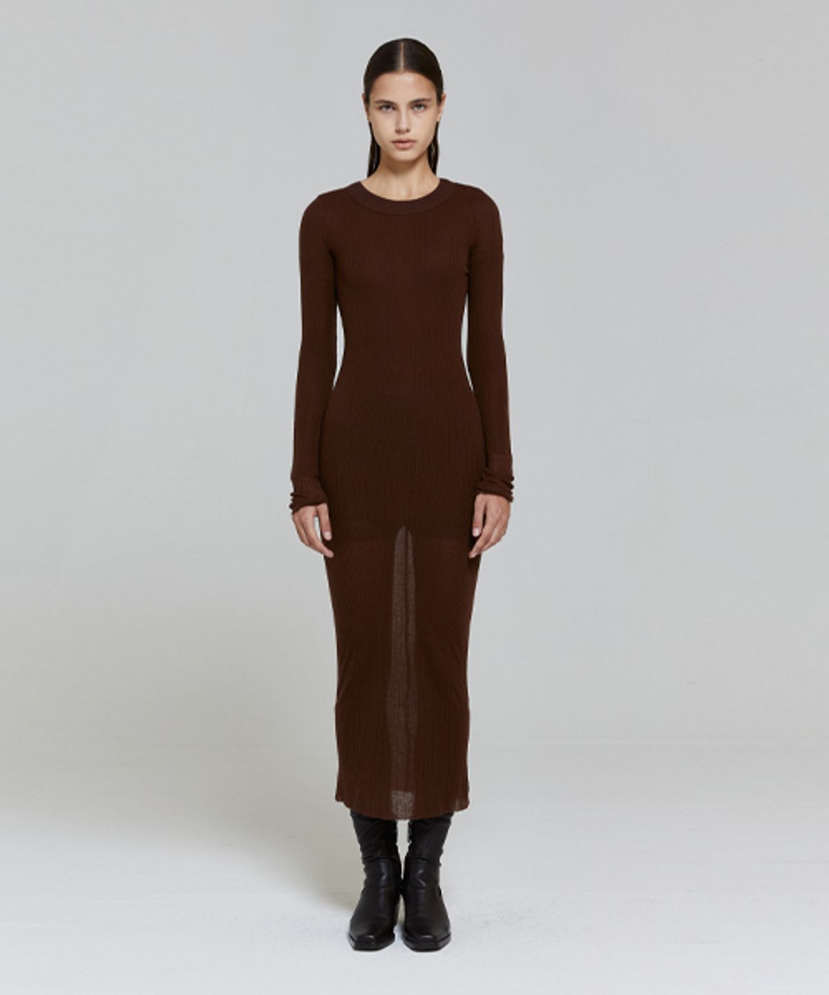 레이디 볼륨(LADY VOLUME) CUTTING LINE SLIM KNIT DRESS_BROWN