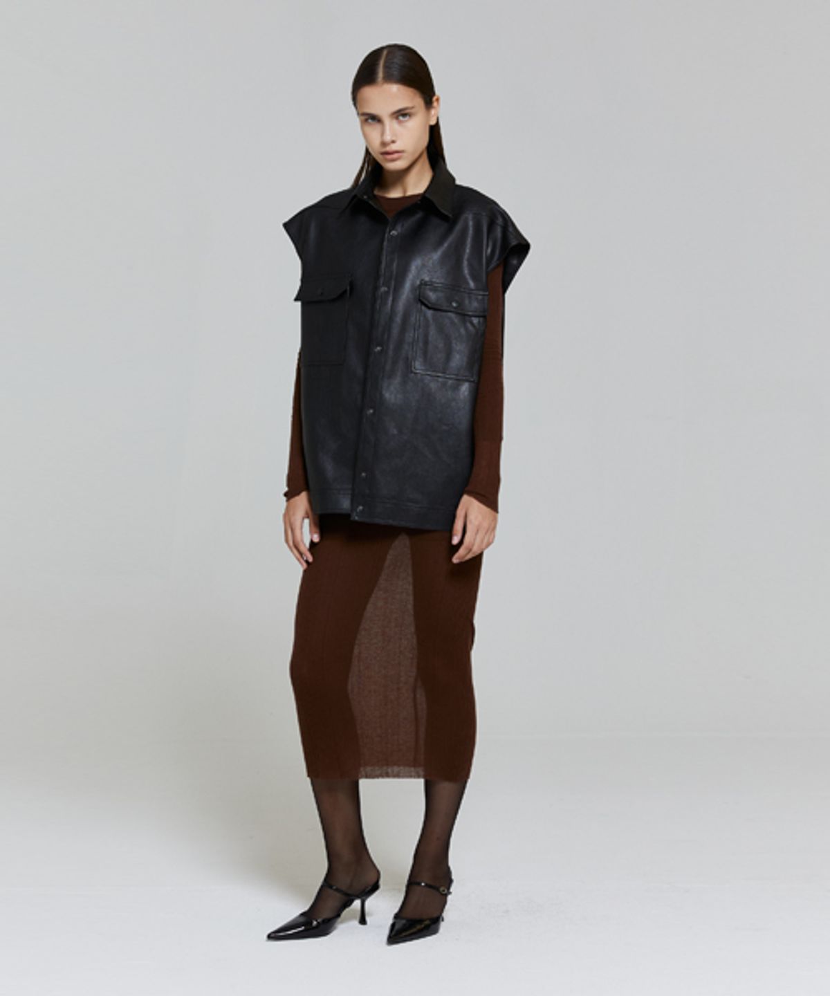 레이디 볼륨(LADY VOLUME) CUTTING LINE SLIM KNIT DRESS_BROWN