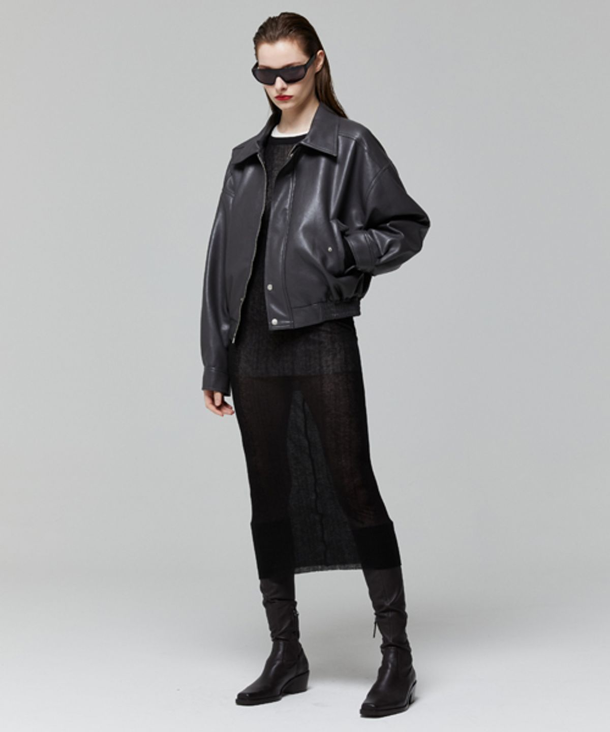 레이디 볼륨(LADY VOLUME) CUTTING LINE SLIM KNIT DRESS_BLACK
