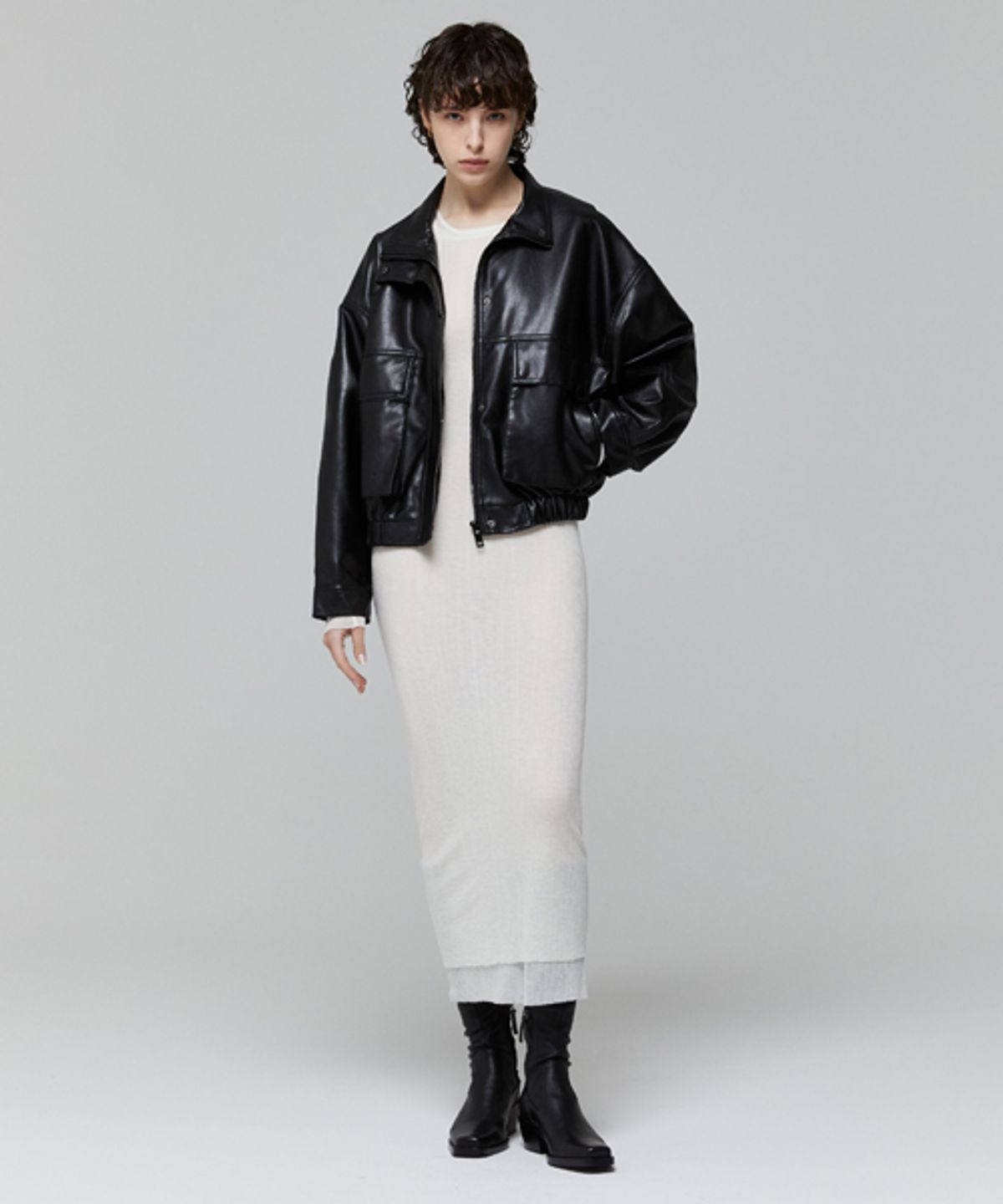 레이디 볼륨(LADY VOLUME) CUTTING LINE SLIM KNIT DRESS_WHITE