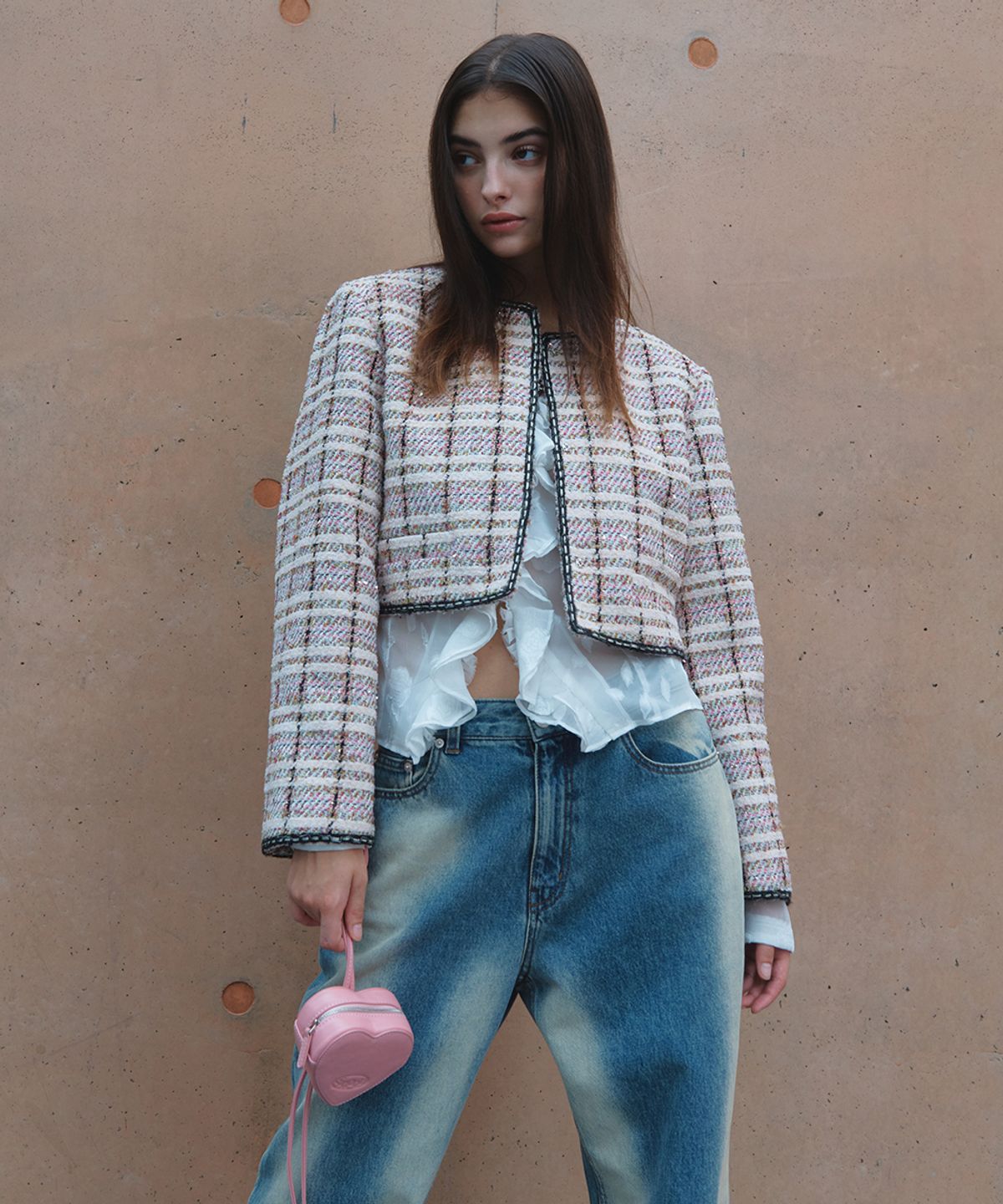 시눈(SINOON) COLLARLESS SHINE TWEED JACKET