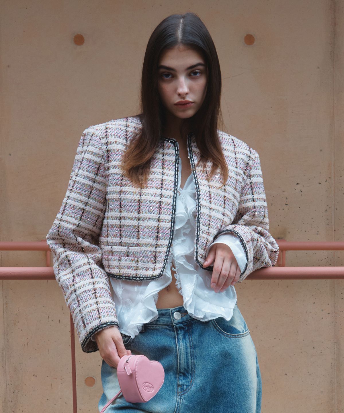 시눈(SINOON) COLLARLESS SHINE TWEED JACKET
