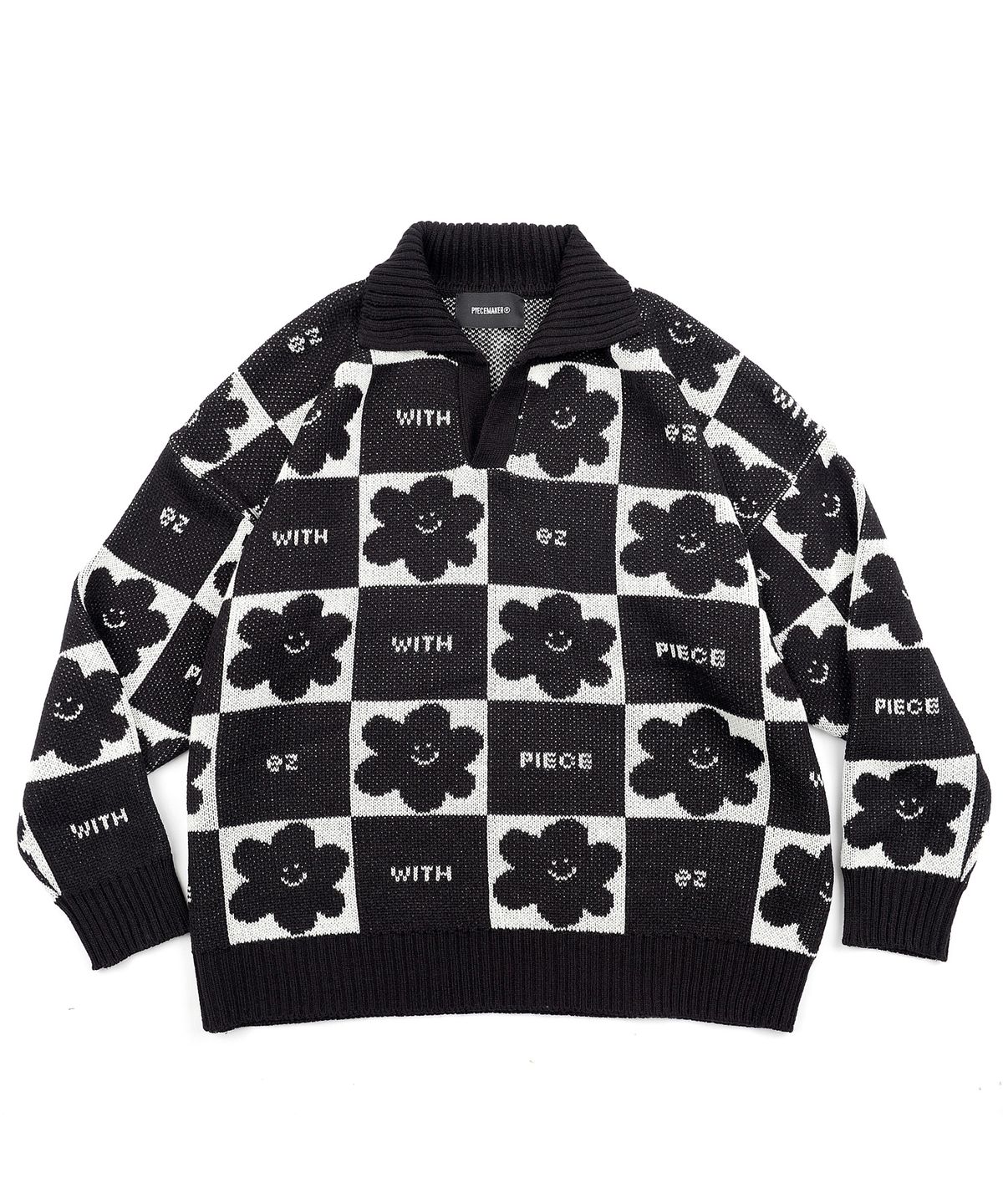 피스메이커(PIECE MAKER) DAISY CHECKERBOARD POLO KNIT SWEATER (BLACK)