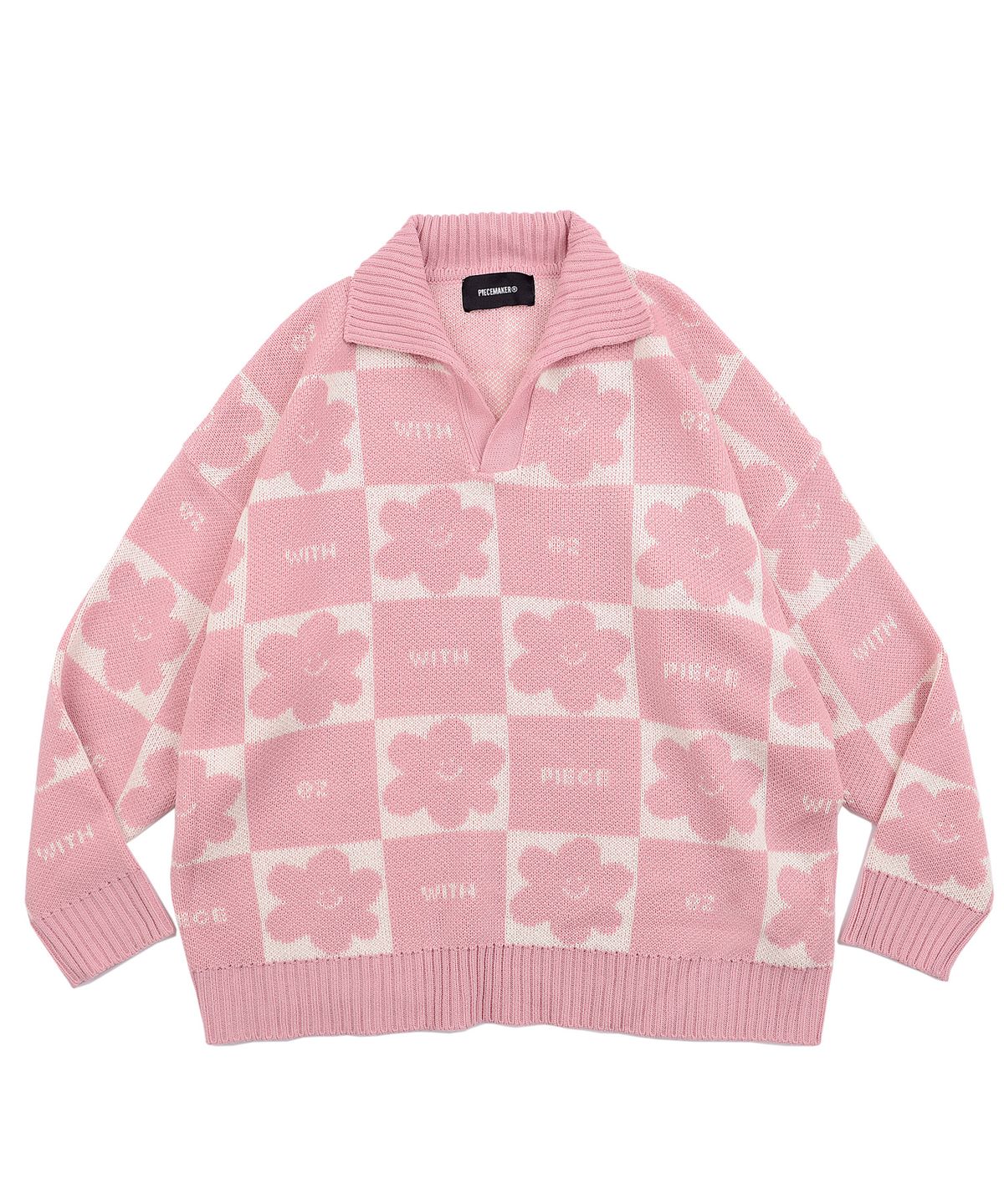 피스메이커(PIECE MAKER) DAISY CHECKERBOARD POLO KNIT SWEATER (PINK)