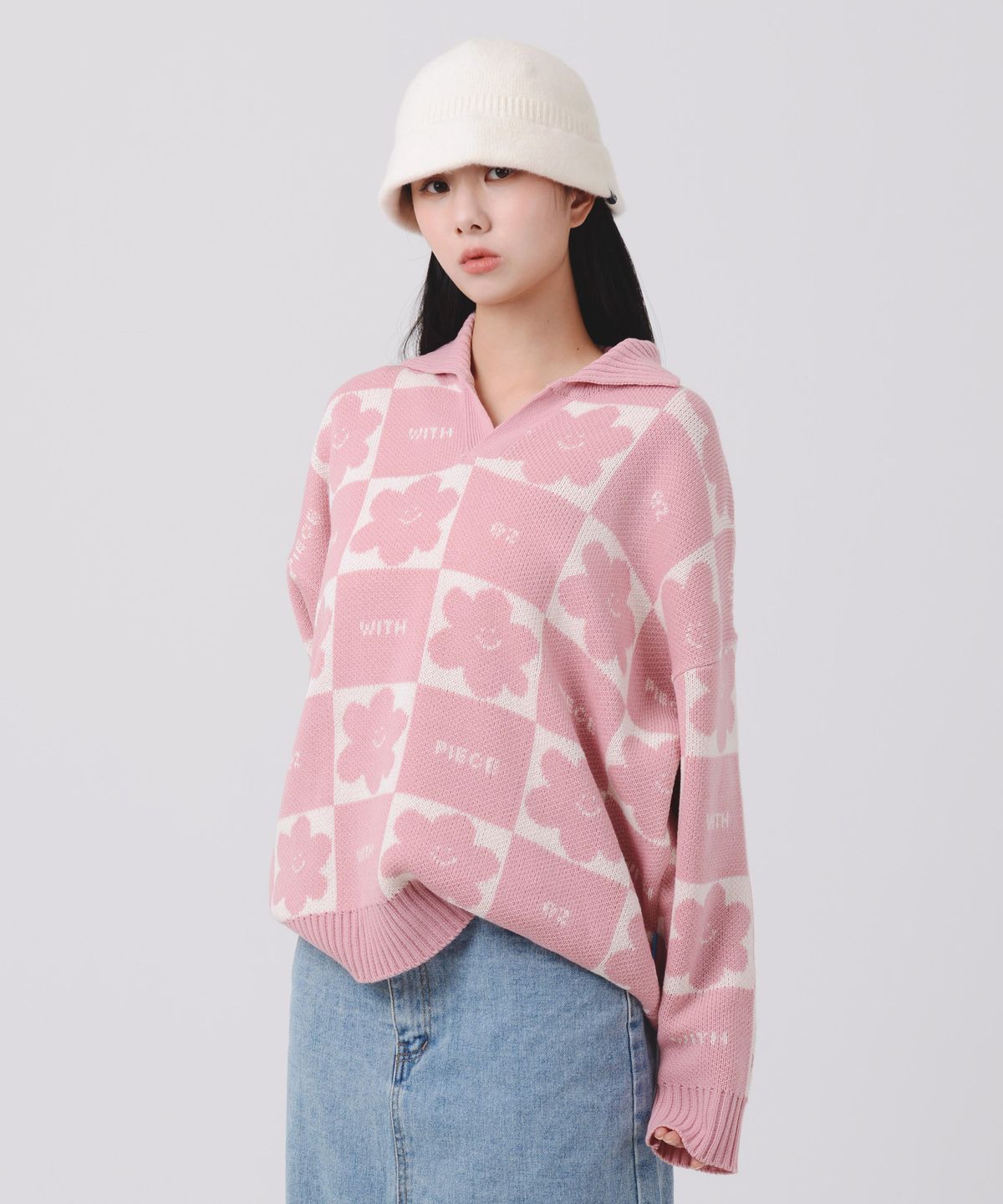 피스메이커(PIECE MAKER) DAISY CHECKERBOARD POLO KNIT SWEATER (PINK)