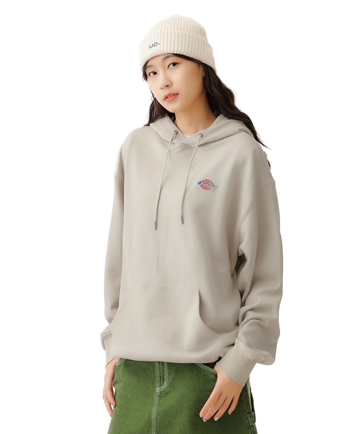 디키즈(DICKIES) 프렌치 테리 릴렉스드 스몰 자수 로고 후드 티셔츠 - 스톤
