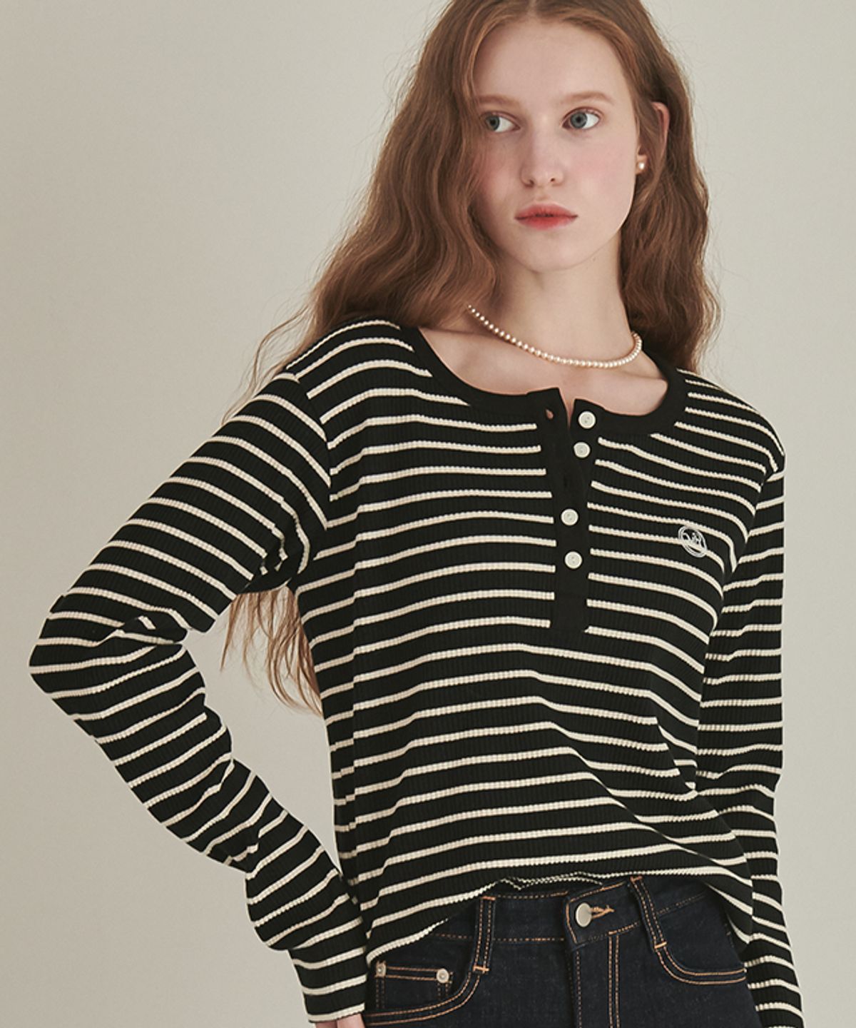 론론(RONRON) Henryneck Long Sleeve Ecru Black Stripe