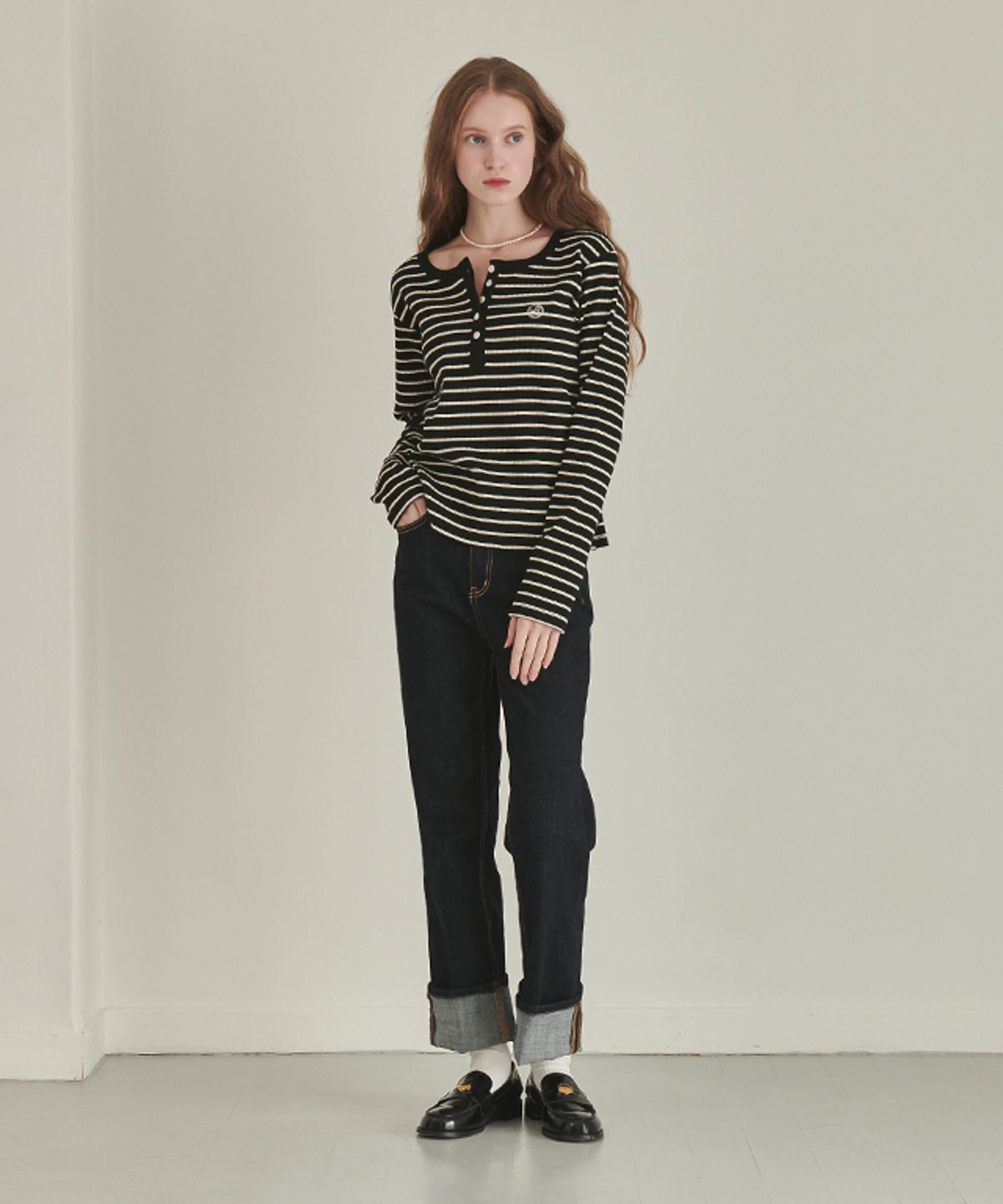 론론(RONRON) Henryneck Long Sleeve Ecru Black Stripe