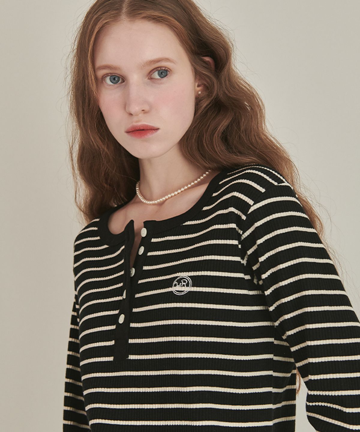 론론(RONRON) Henryneck Long Sleeve Ecru Black Stripe