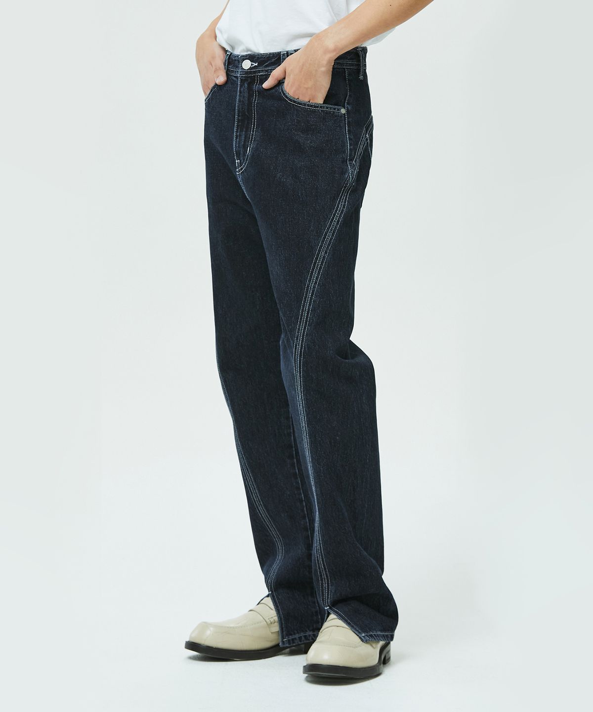 데케트(DECET) Oval Stitch Straight Slit Jeans DCPT020BlueBlack