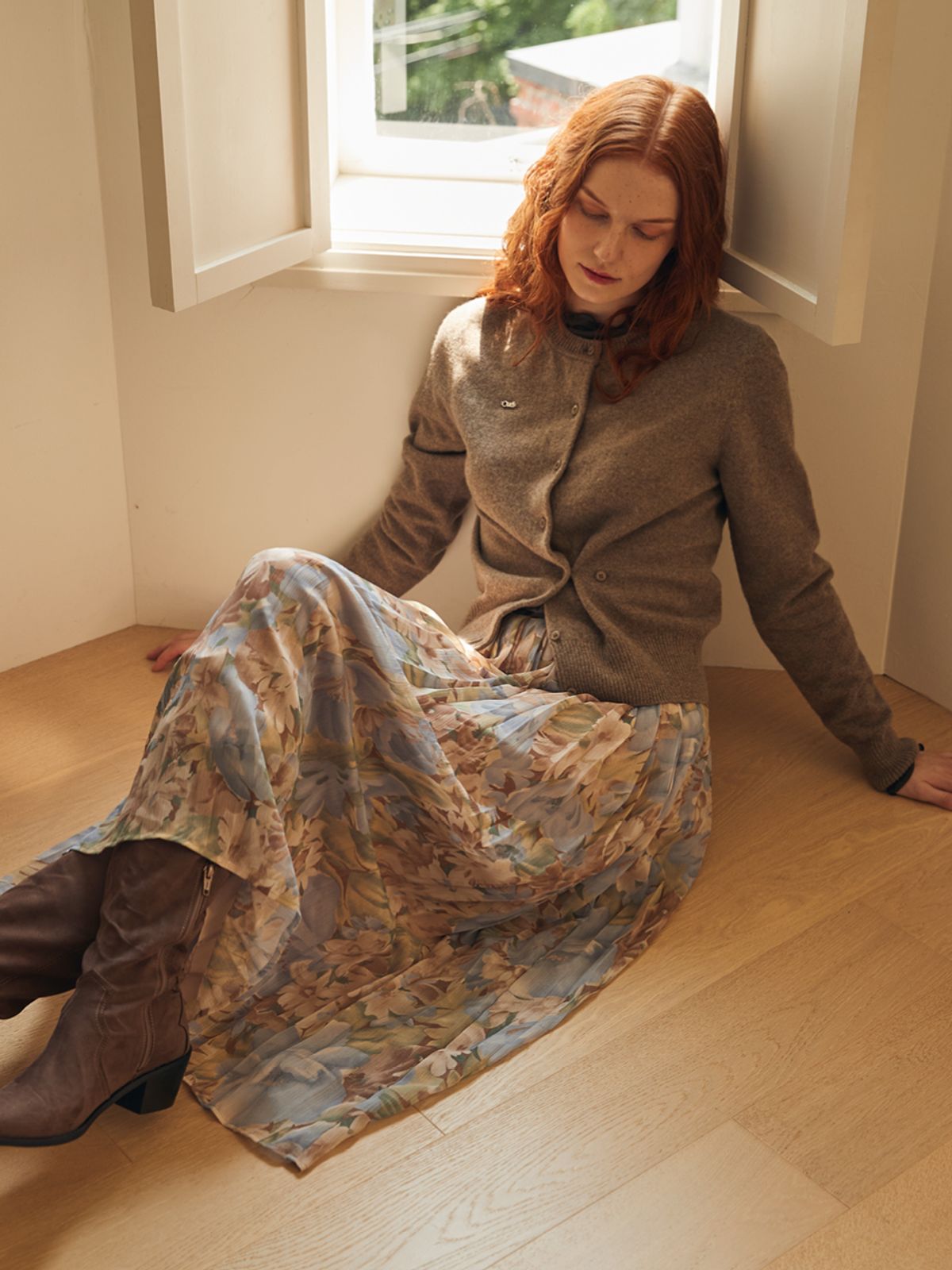 오앨(OUEL) FLOWER PLEATS SKIRT_BLUE