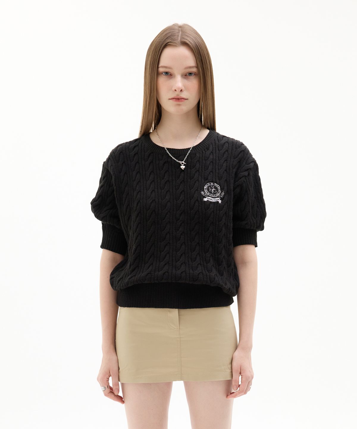 라티젠(LARTIGENT) LK CABLE HALF SLEEVE KNIT(BLACK)