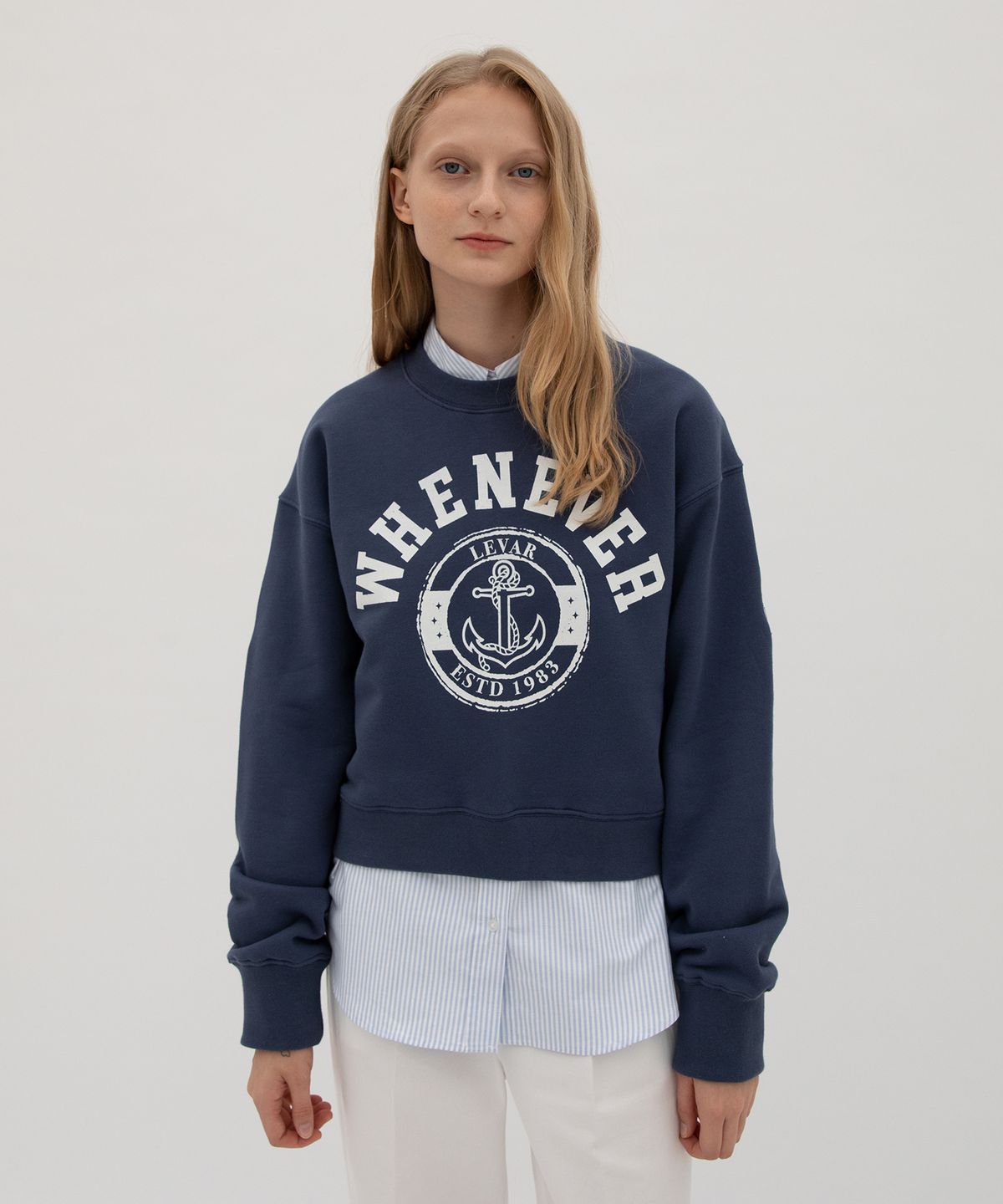 르바(LEVAR) Whenever-Print Sweatshirt - Dusty Navy