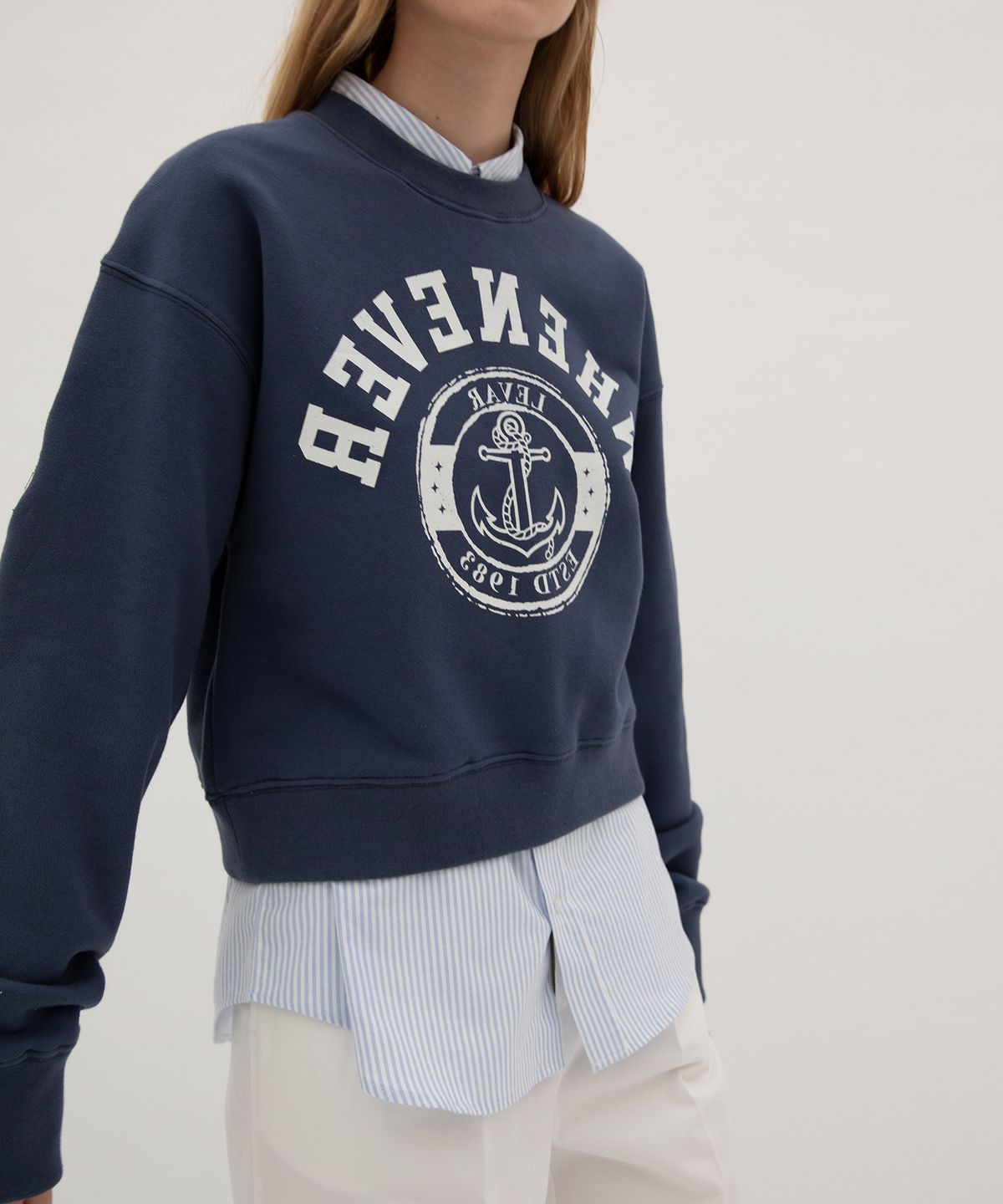 르바(LEVAR) Whenever-Print Sweatshirt - Dusty Navy